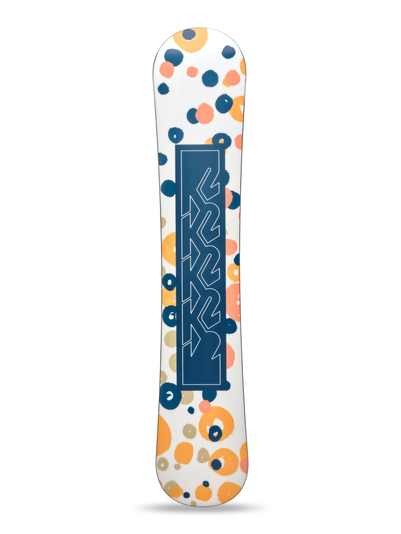 K2 Women's First Lite 2025 snowboard features a white base with orange and blue dot pattern.