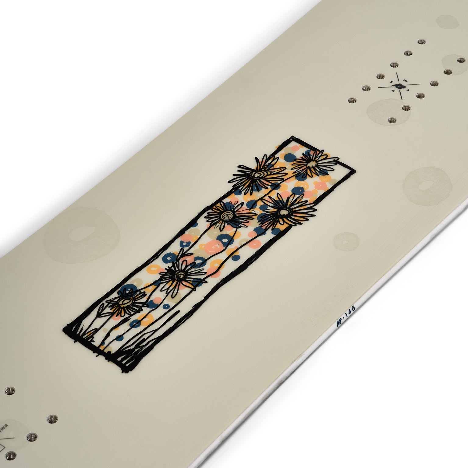 K2 Women's First Lite 2025 snowboard features a floral design on a white background.