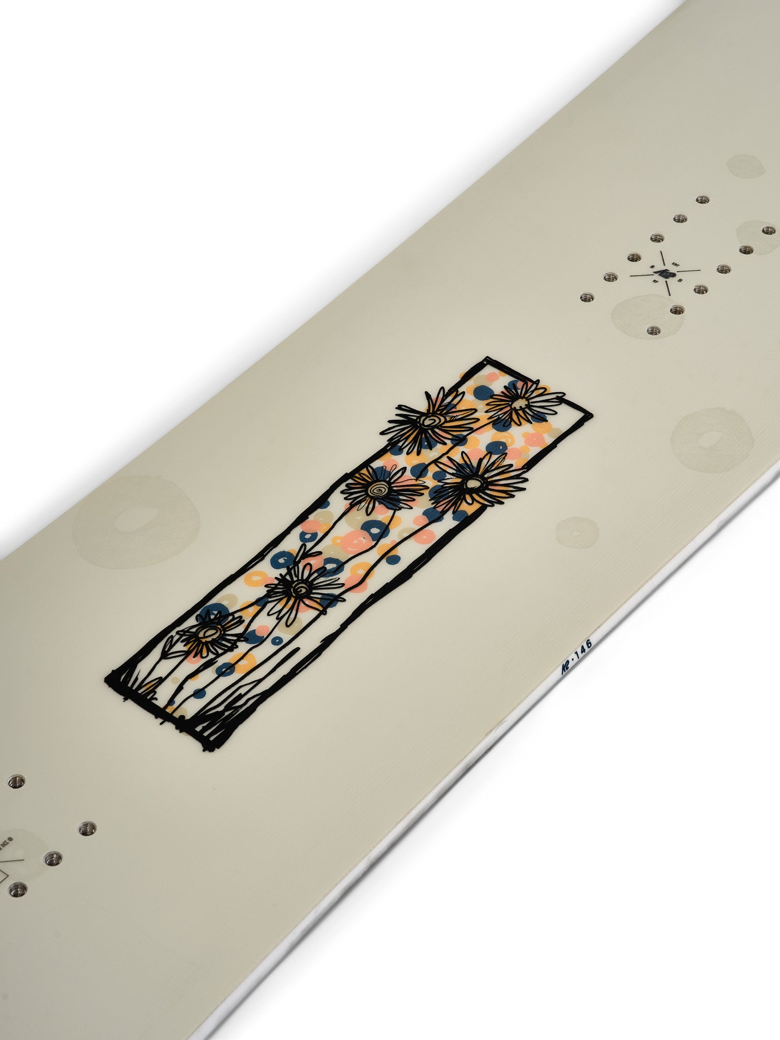 K2 Women's First Lite 2025 snowboard features a floral design on a white background.