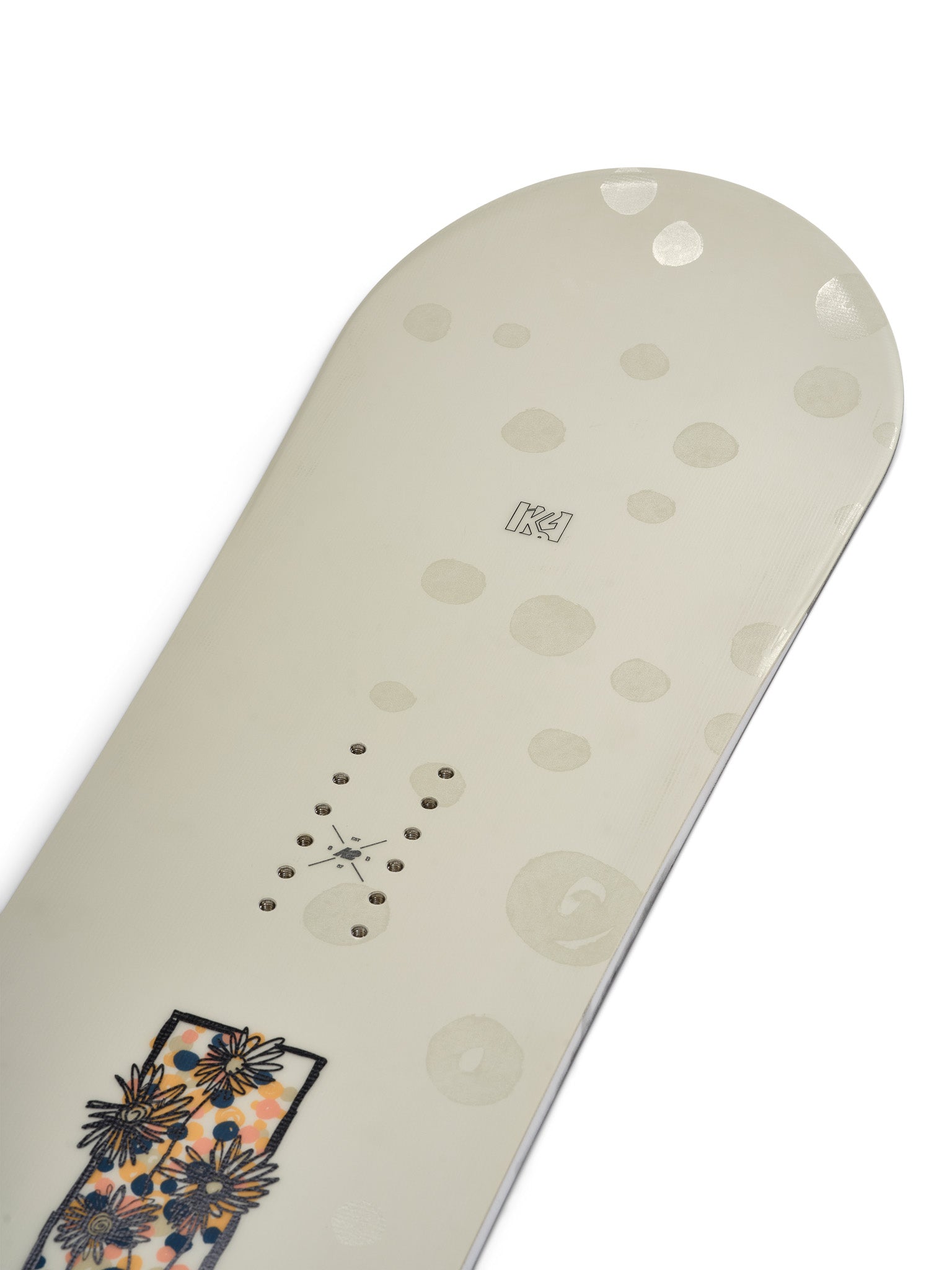 K2 Women's First Lite snowboard, 2025 model, features a floral design on a white base.