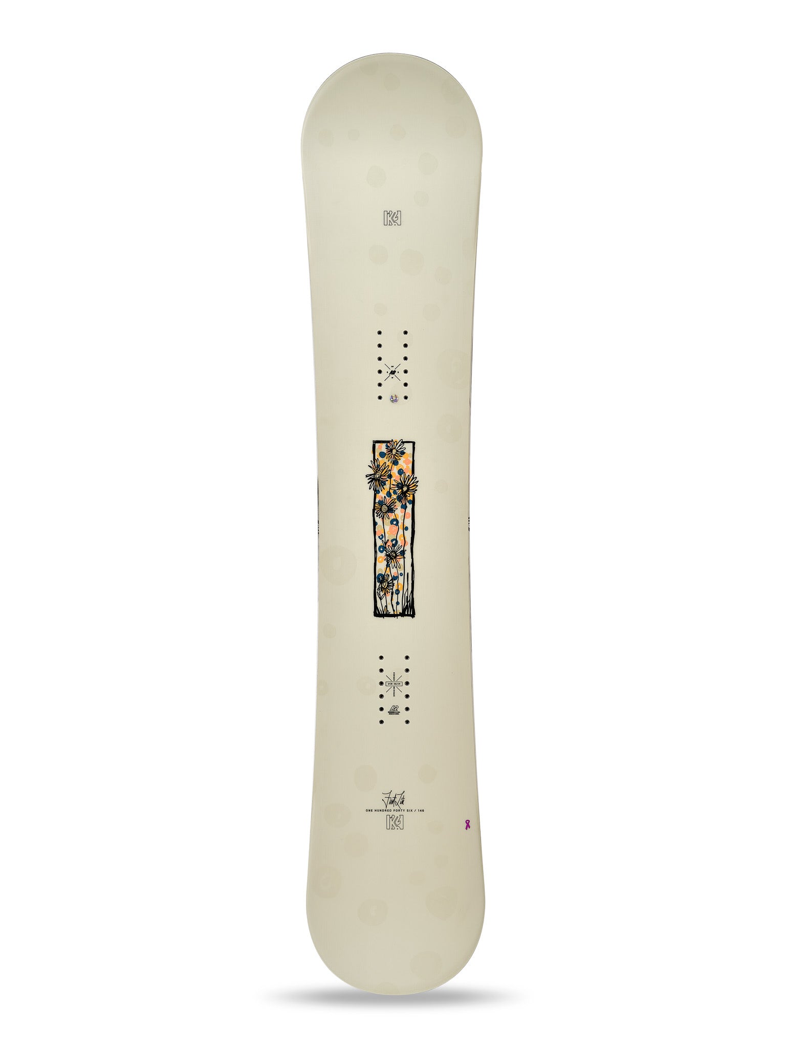K2 Women's First Lite snowboard, 2025 model, features a white base with floral graphics and purple accents.