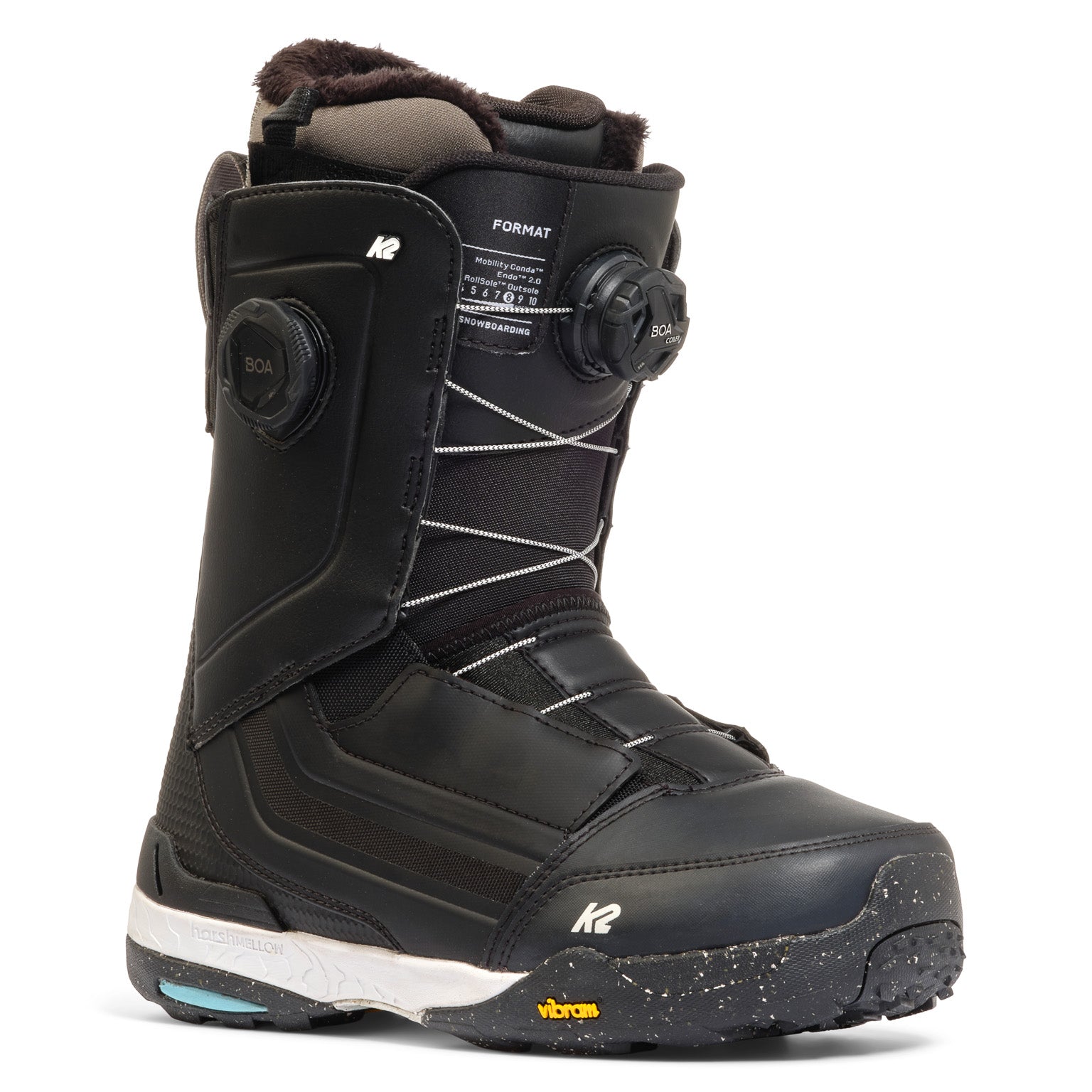 K2 Format snowboard boot features a black and orange design with BOA lacing and a Vibram sole.