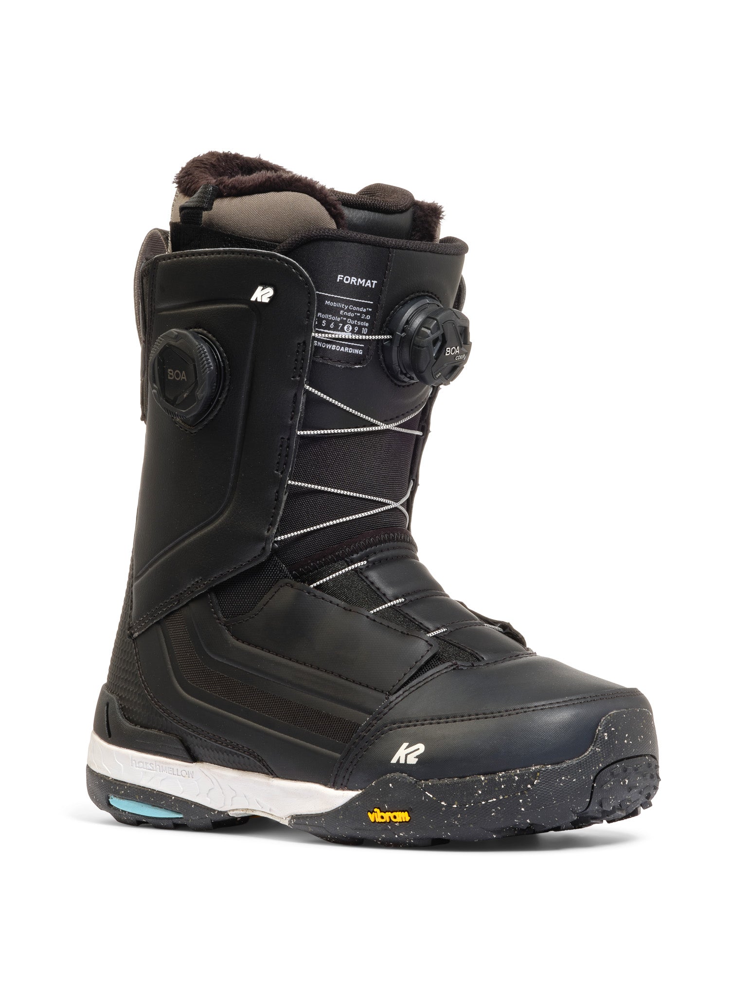 K2 Format snowboard boot features a black and orange design with BOA lacing and a Vibram sole.