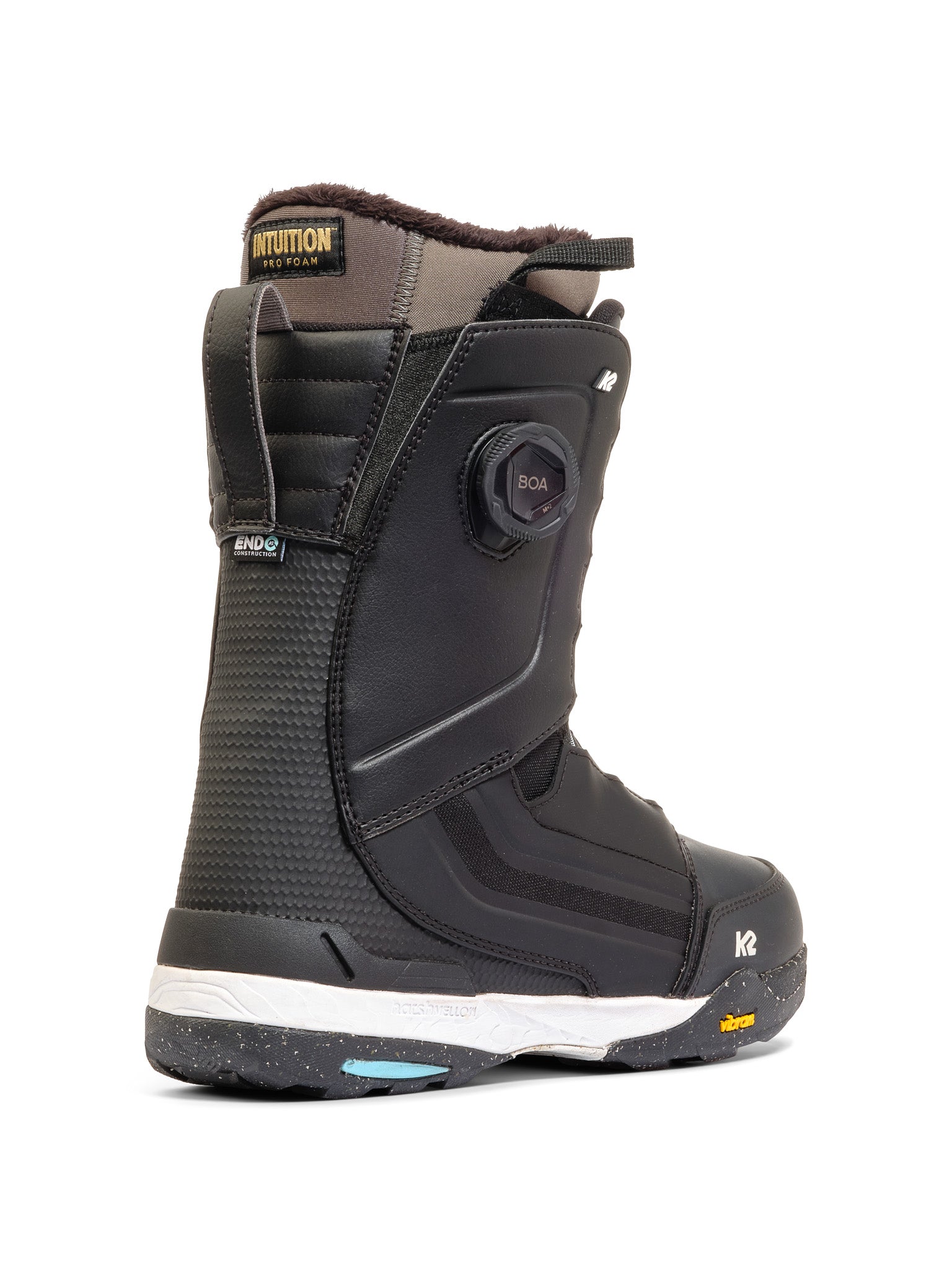 K2 Format snowboard boot features a black and white design with Vibram sole.