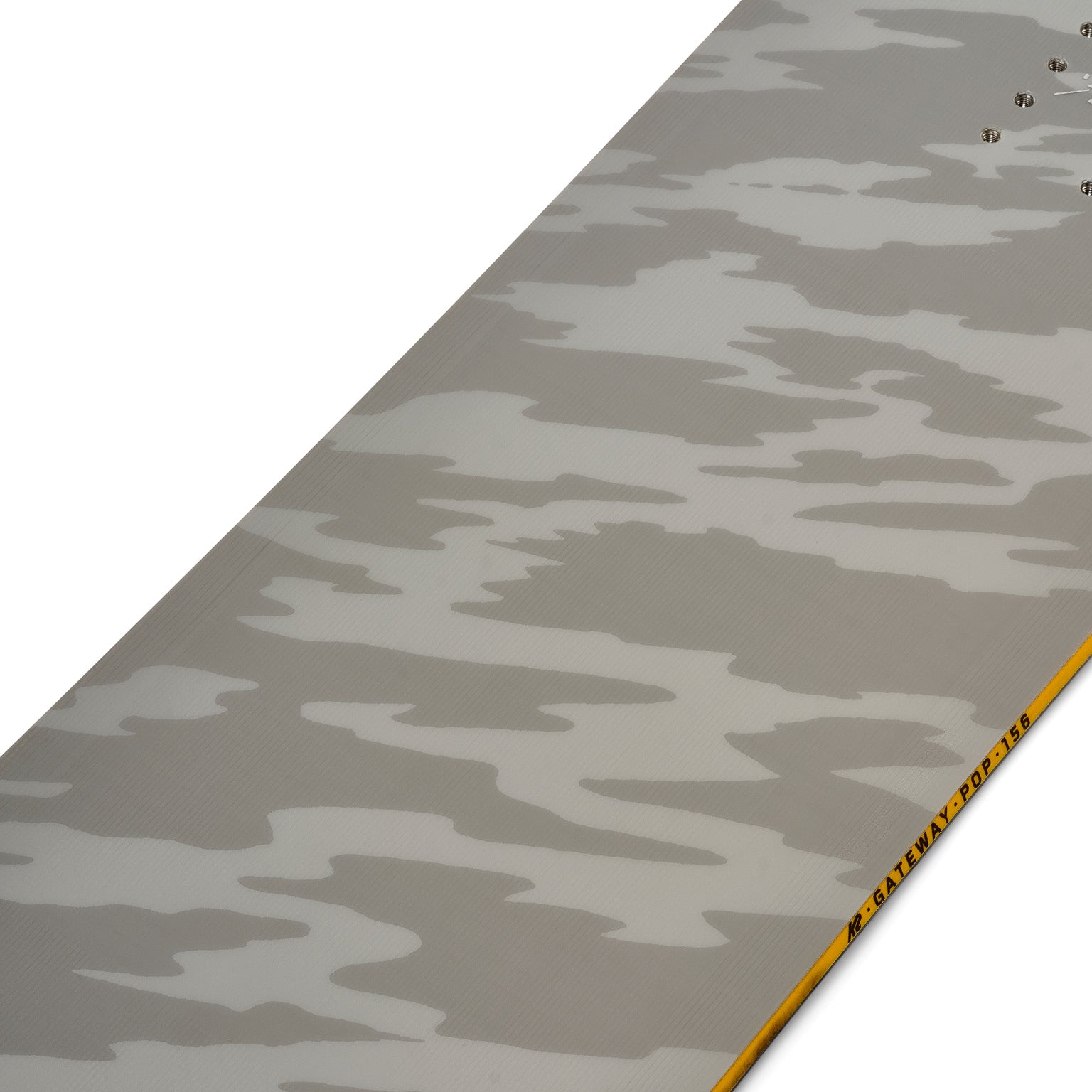 K2 Gateway POP snowboard features a gray camouflage design.