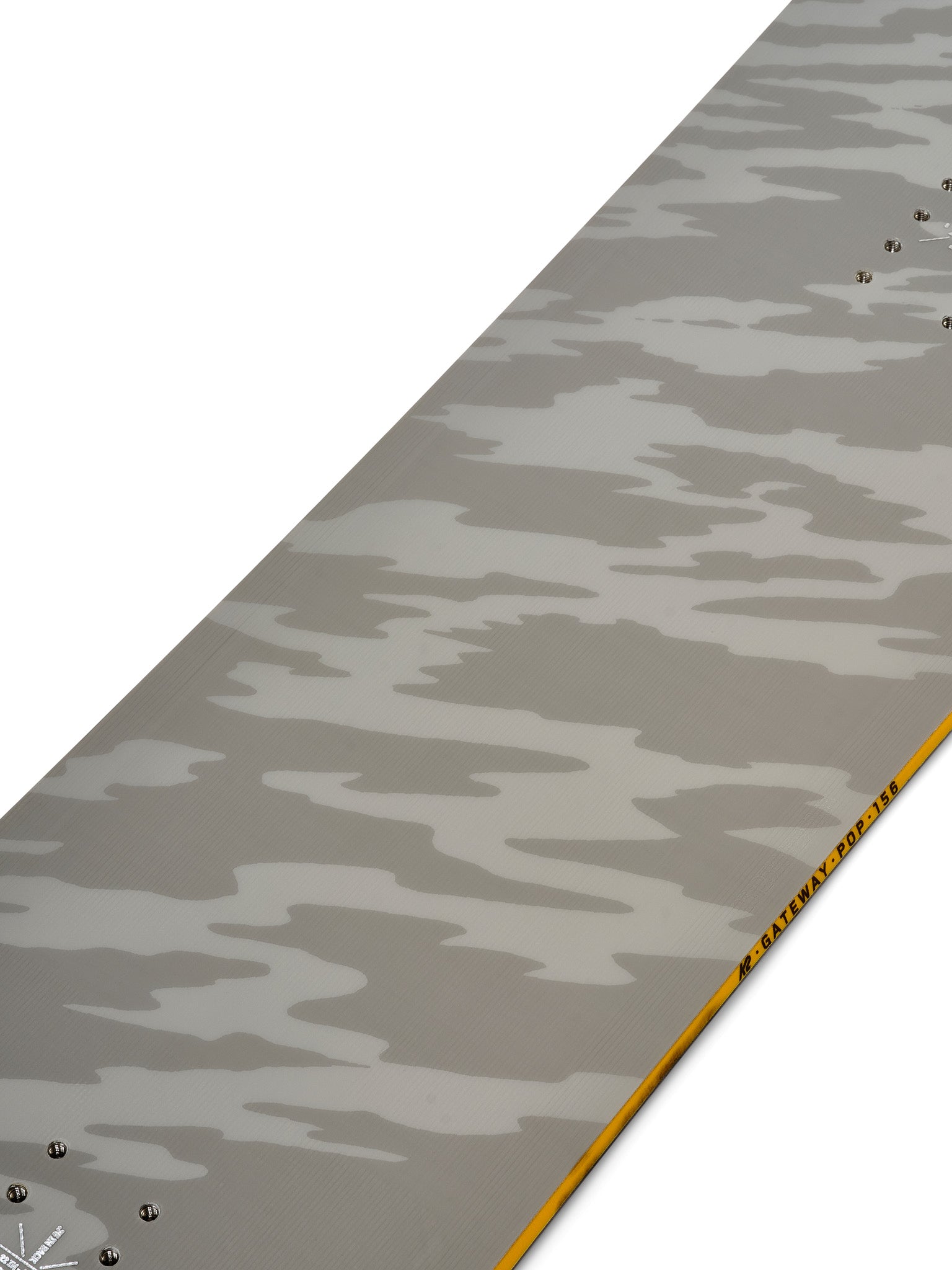 K2 Gateway POP snowboard features a gray camouflage design.
