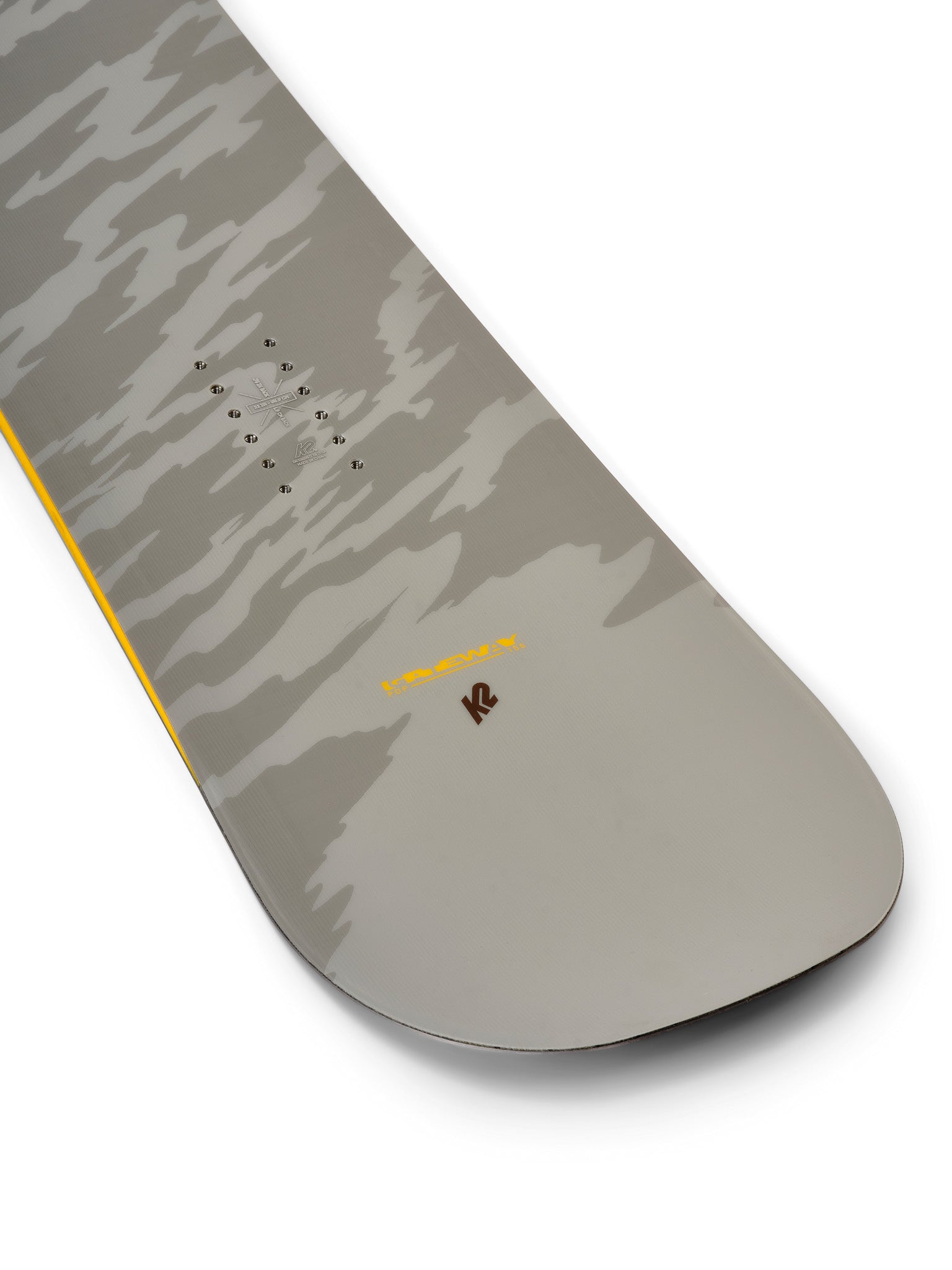 K2 Gateway POP snowboard, 2025 model, features a distinctive graphic pattern and vibrant yellow accents.