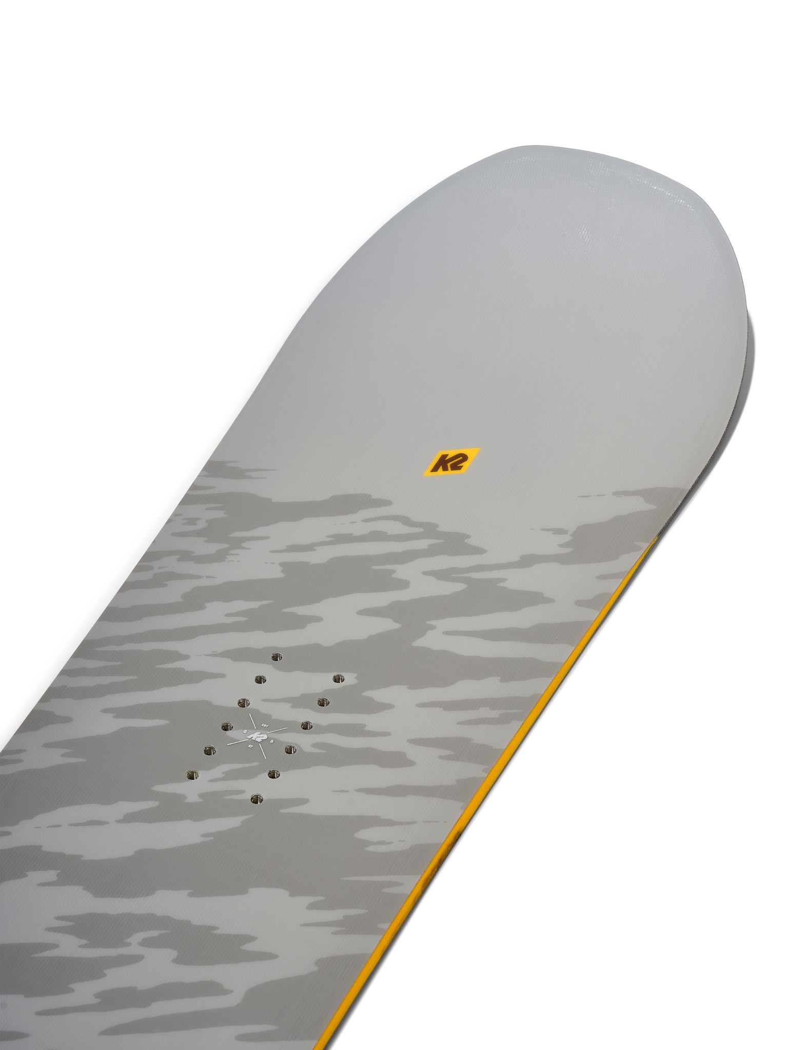 K2 Gateway POP snowboard features a camouflage pattern and yellow graphic.