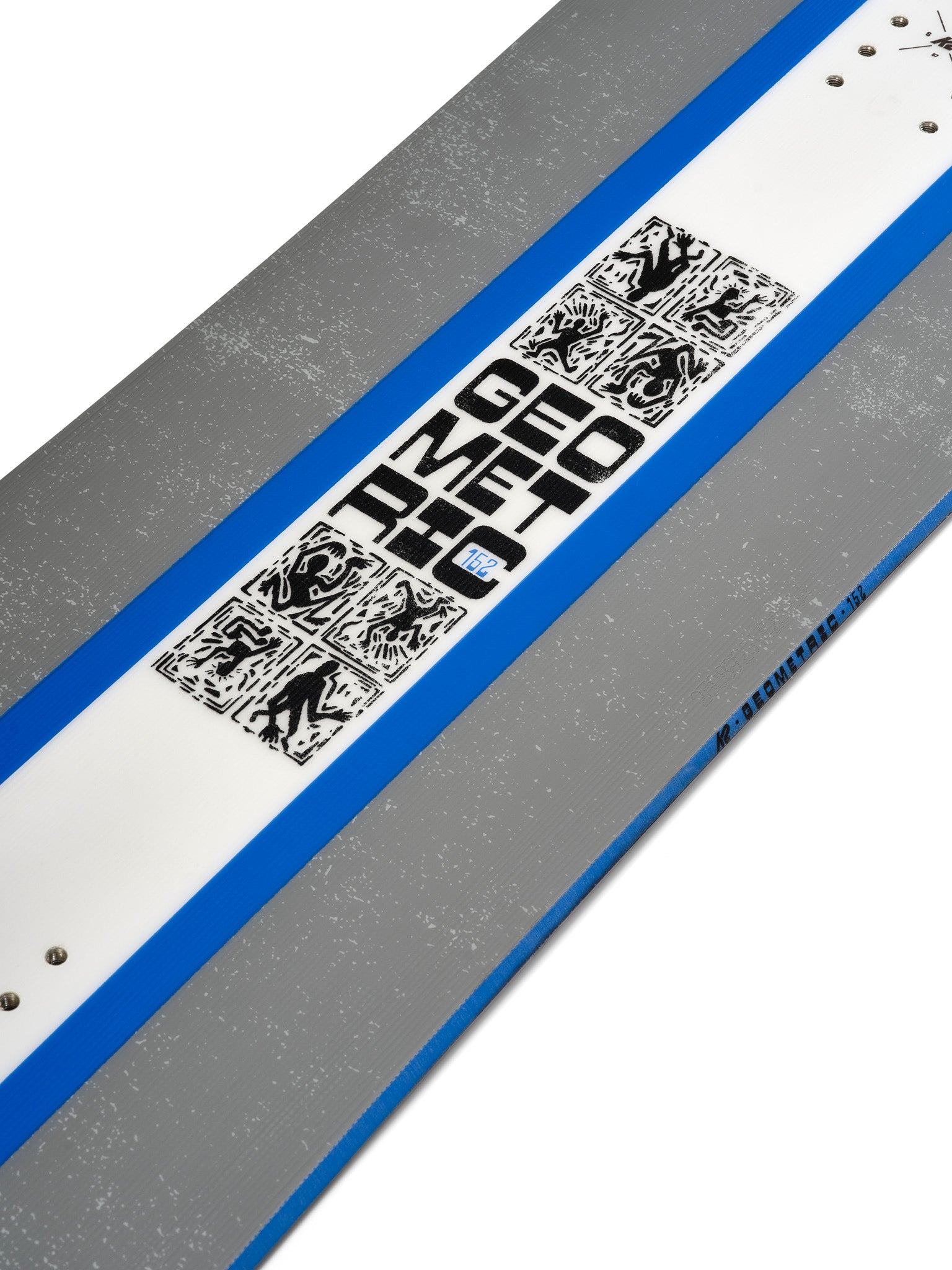 K2 Geometric snowboard, 2025 model, features a white base with blue and black graphic details.