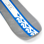 K2 Geometric snowboard features a gray and blue graphic design.