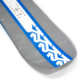 K2 Geometric snowboard features a gray and blue graphic design.