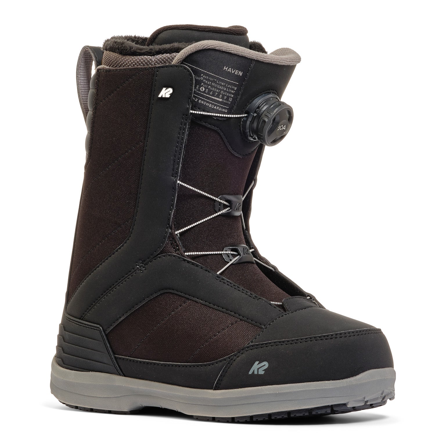 K2 Haven snowboard boot features a black and white design with a visible Boa lacing system.