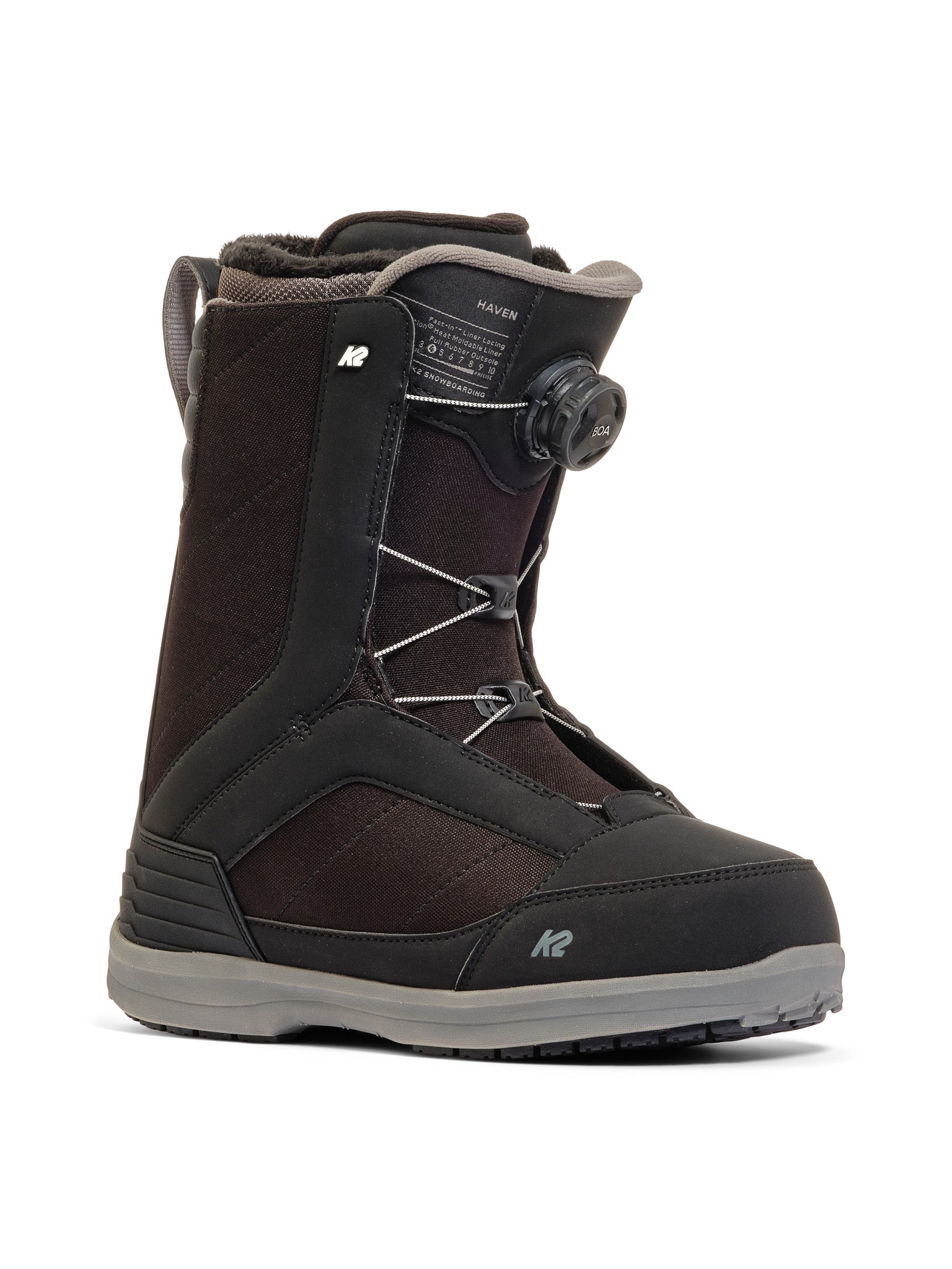 K2 Haven snowboard boot features a black and white design with a visible Boa lacing system.