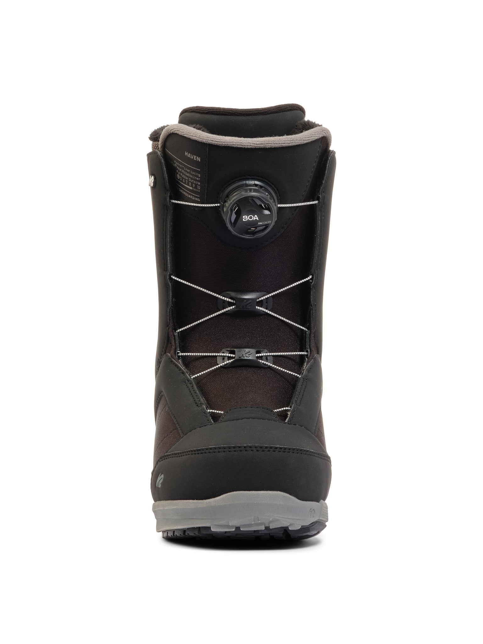K2 Haven women’s snowboard boot features a black and gray colorway with BOA lacing system.