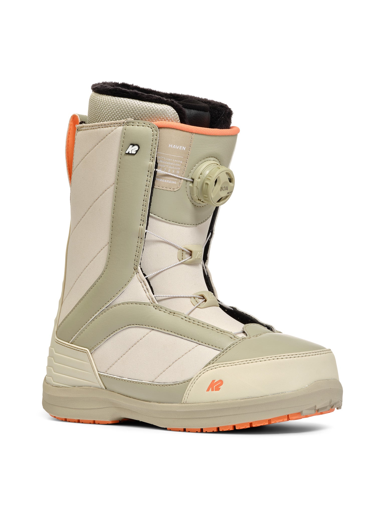 K2 Haven snowboard boot features a light beige color with black and orange accents.