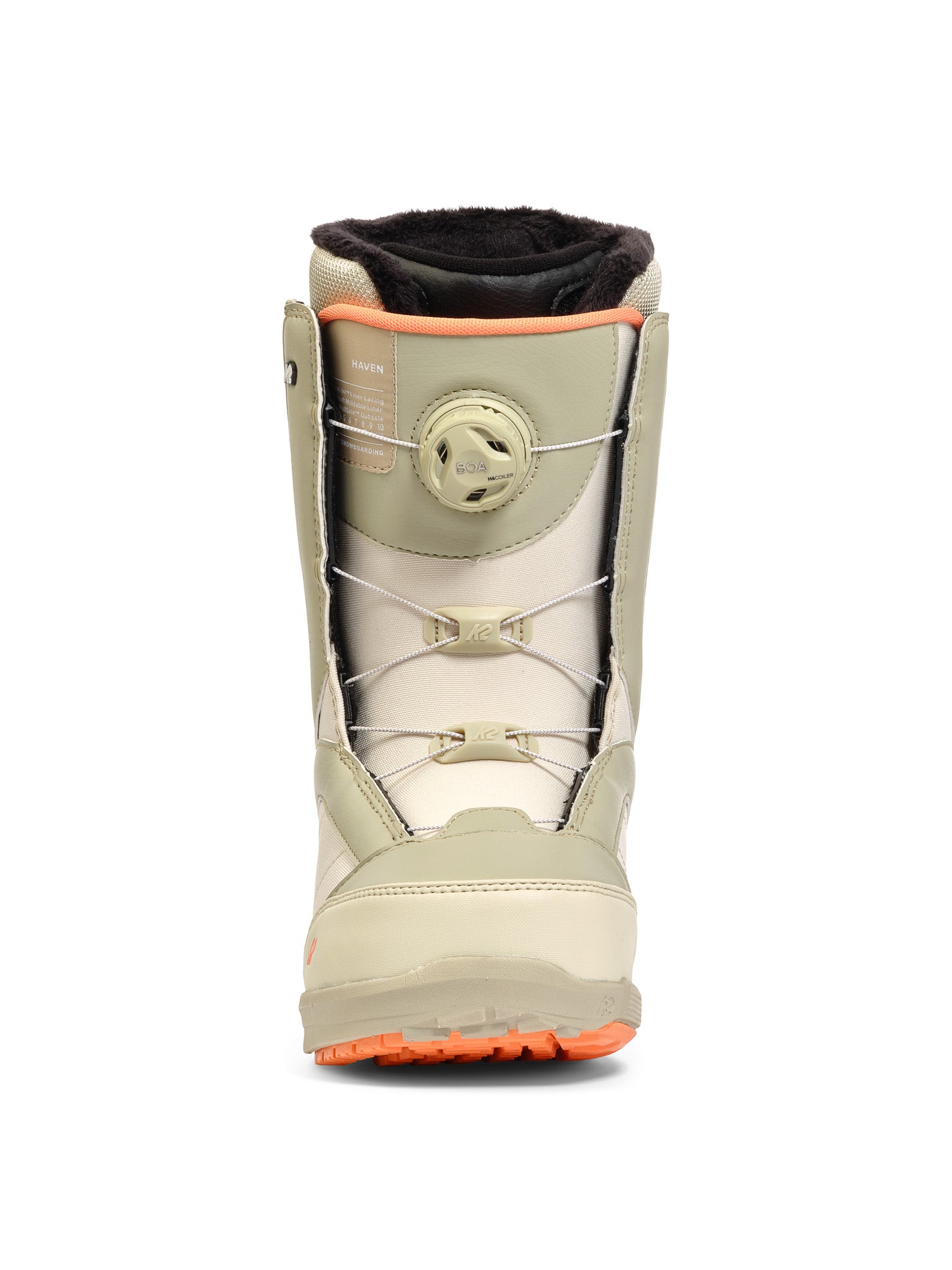 K2 Haven 2025 women's snowboard boot features a beige upper with orange accents and a BOA lacing system.