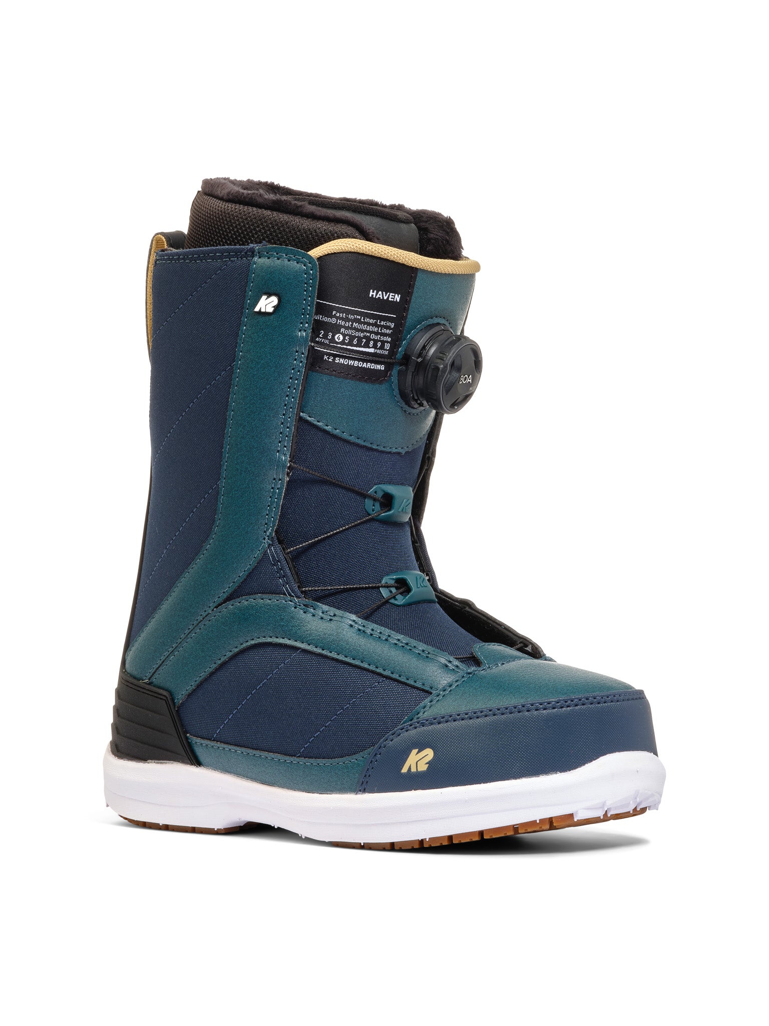 K2 Haven snowboard boot features a teal colorway and Boa lacing system.