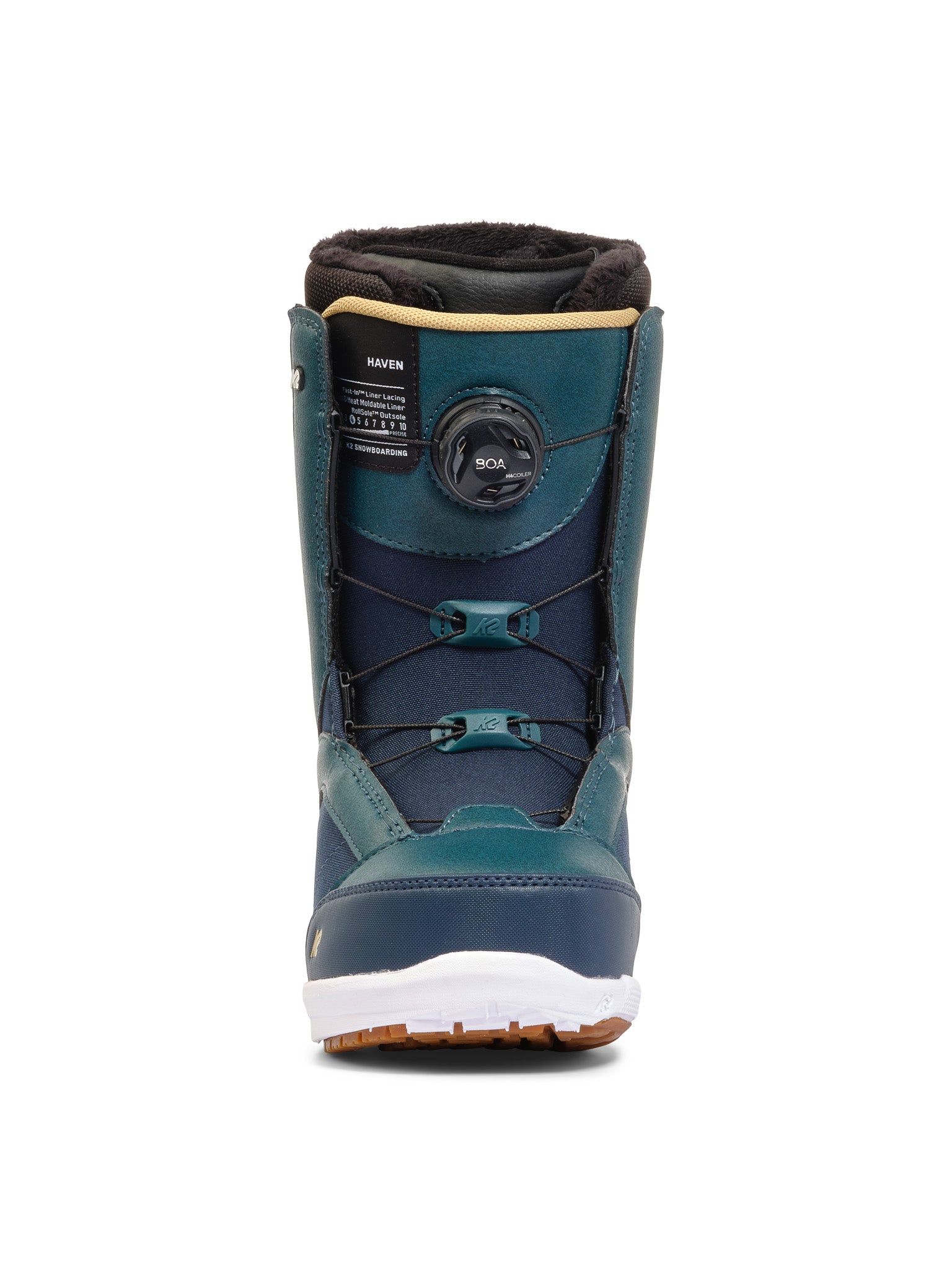 K2 Women's Haven snowboard boot, a teal-blue design with black accents and a BOA lacing system.