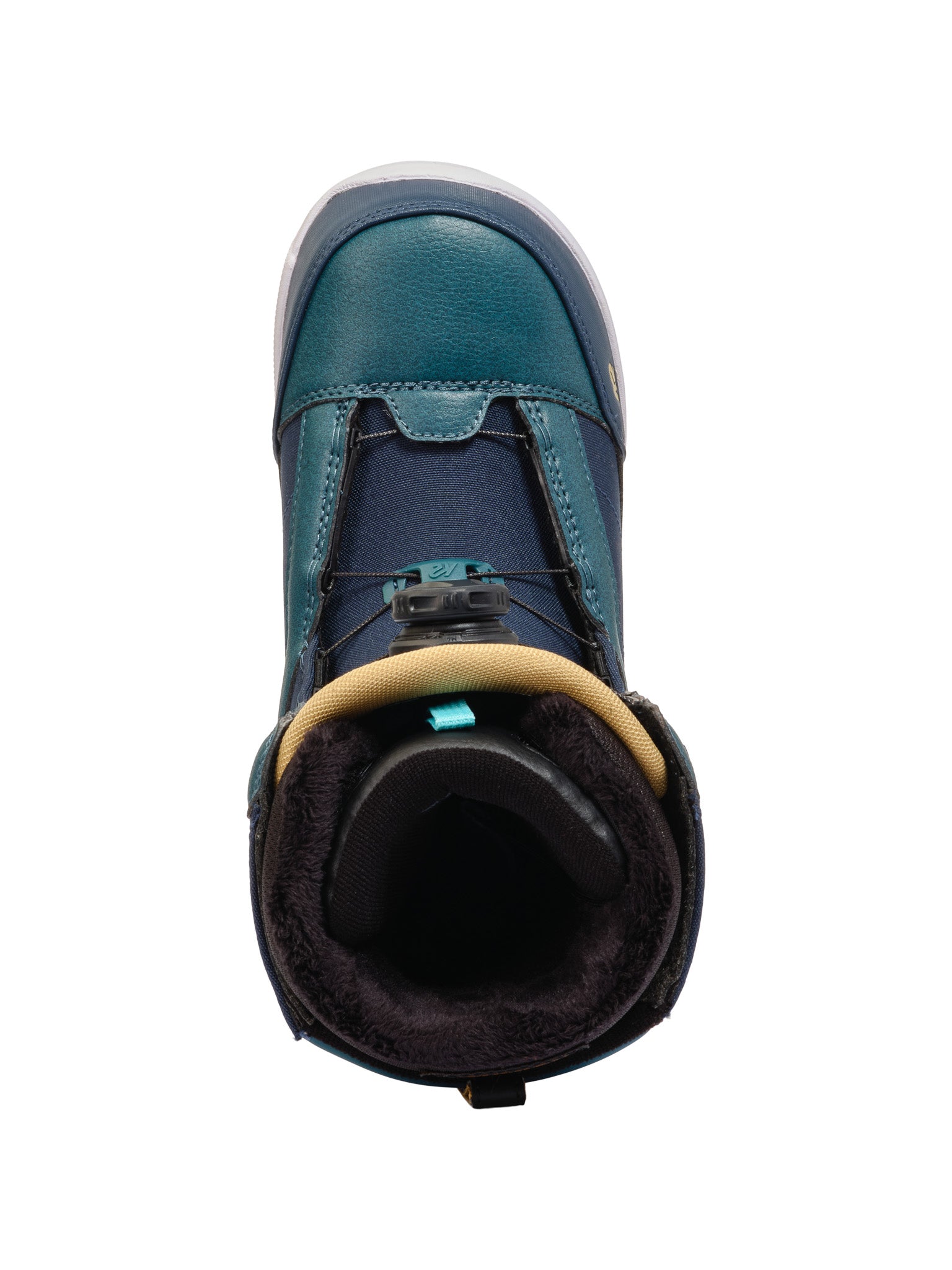 Blue K2 Haven snowboard boot features a distinctive design with a white sole and orange accents.