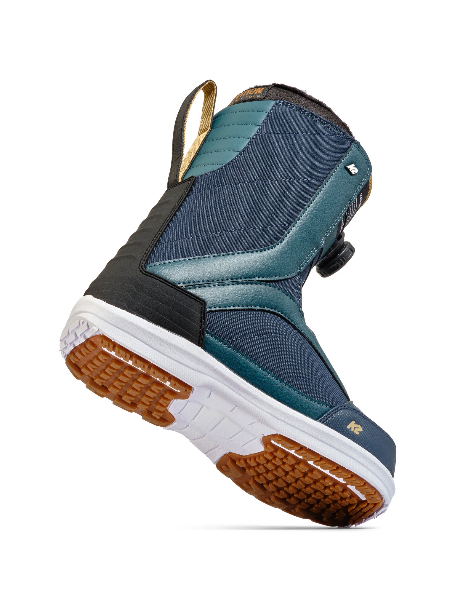 K2 Haven 2025 women's snowboard boot features a navy blue upper with brown accents and a black sole.