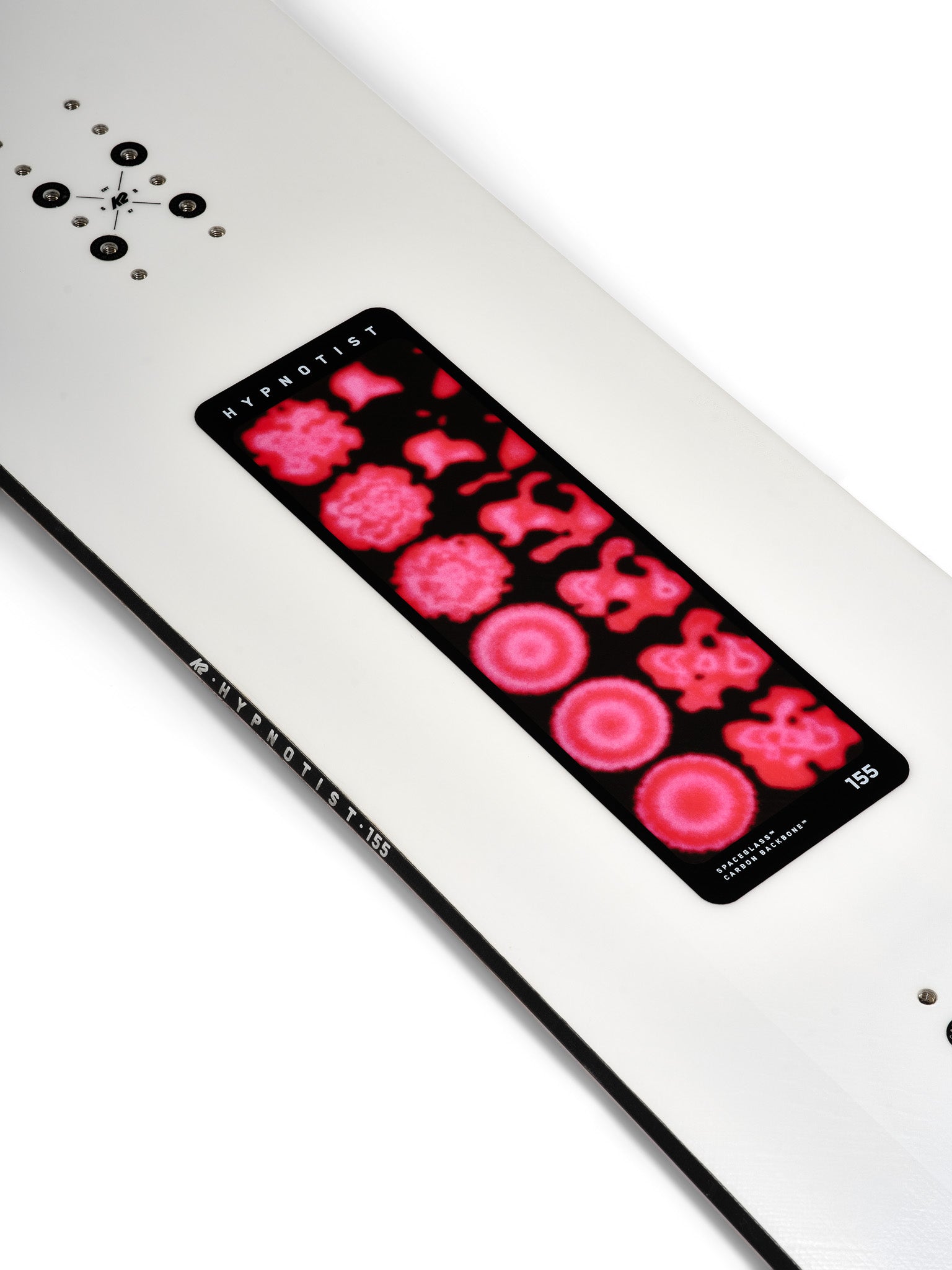 K2 Hypnotist snowboard 2025 features a black top with red graphic accents.