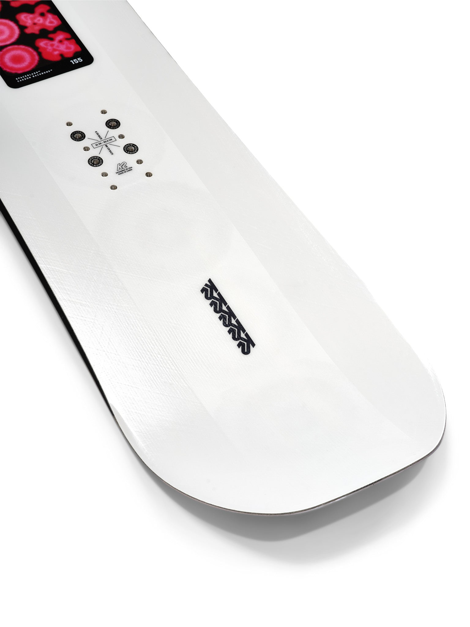 K2 Hypnotist snowboard features a white base with red and black graphics.
