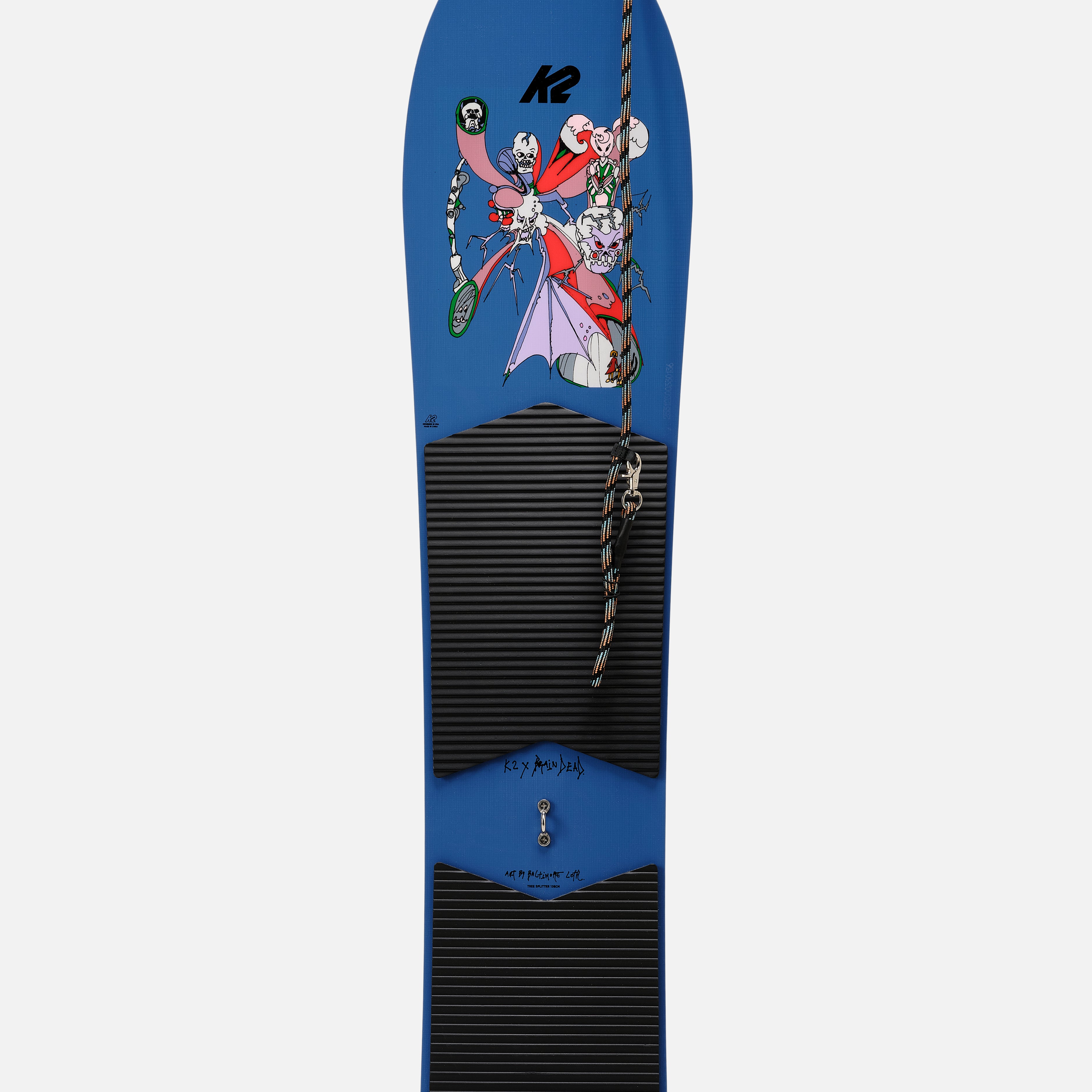 LIMITED EDITION: K2 x Brain Dead Tree Splitter Snowboard 2025 - A blue snowboard with a cartoon graphic of a man in red and purple clothing, holding a tree trunk.