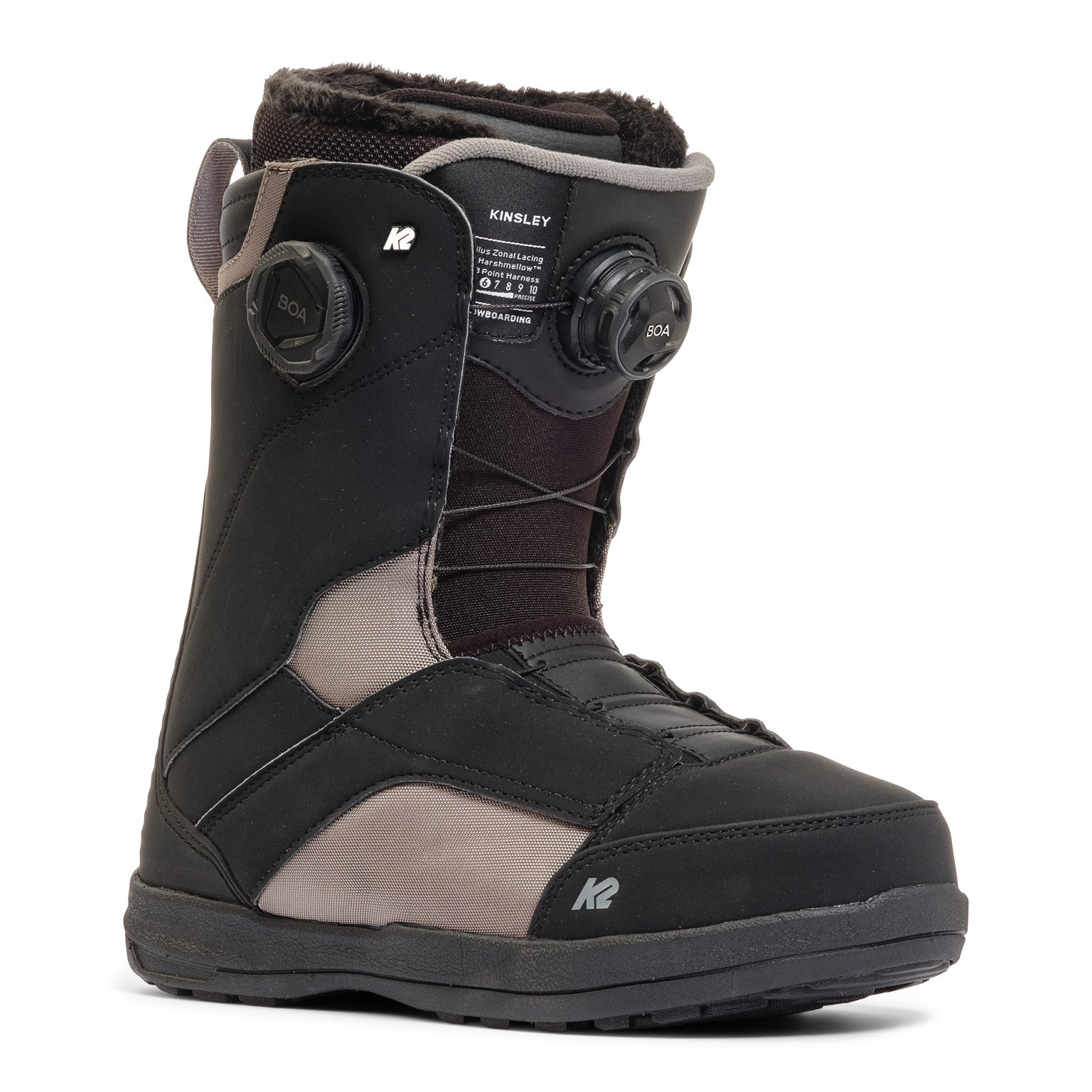 K2 Kinsley 2025 women's snowboard boot features a black and white design with Boa lacing.