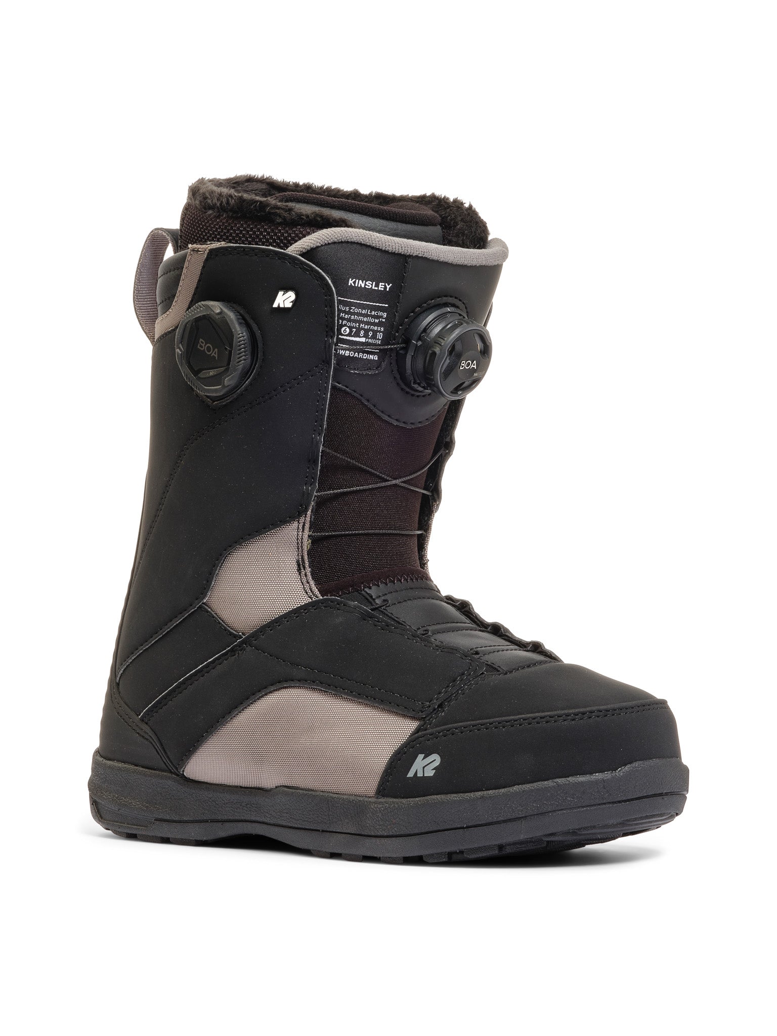K2 Kinsley 2025 women's snowboard boot features a black and white design with Boa lacing.