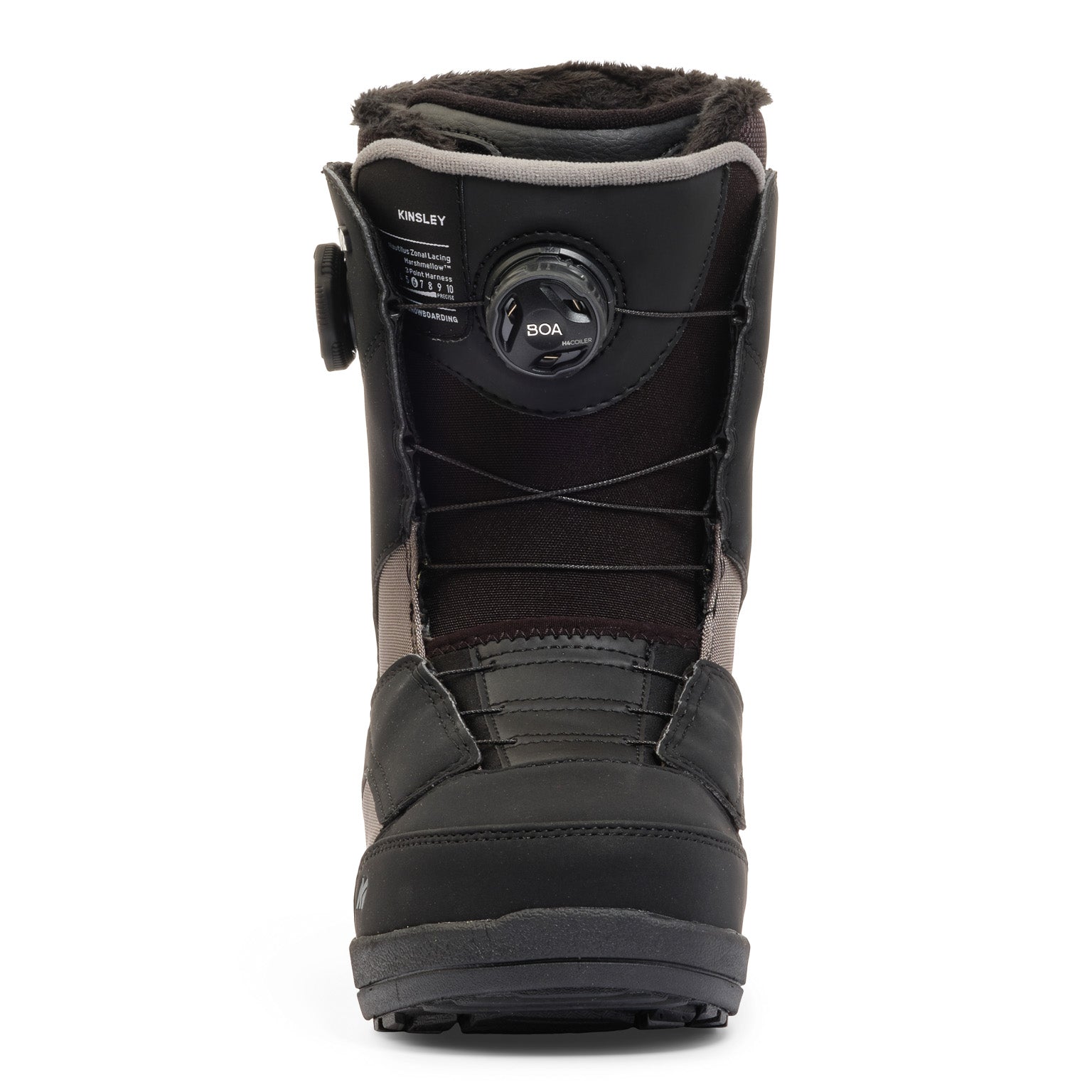 K2 Kinsley 2025 women's snowboard boot features a black and gray colorway with Boa lacing.