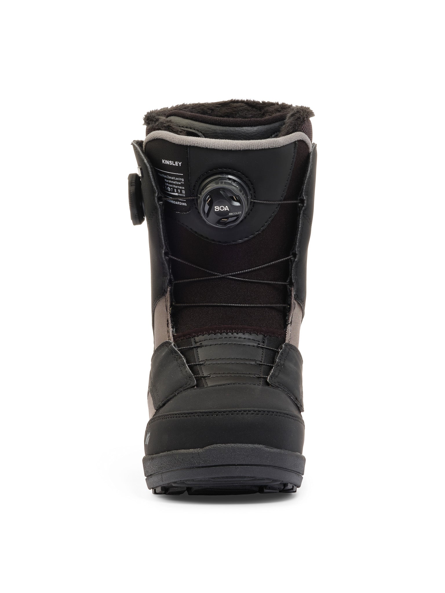 K2 Kinsley 2025 women's snowboard boot features a black and gray colorway with Boa lacing.