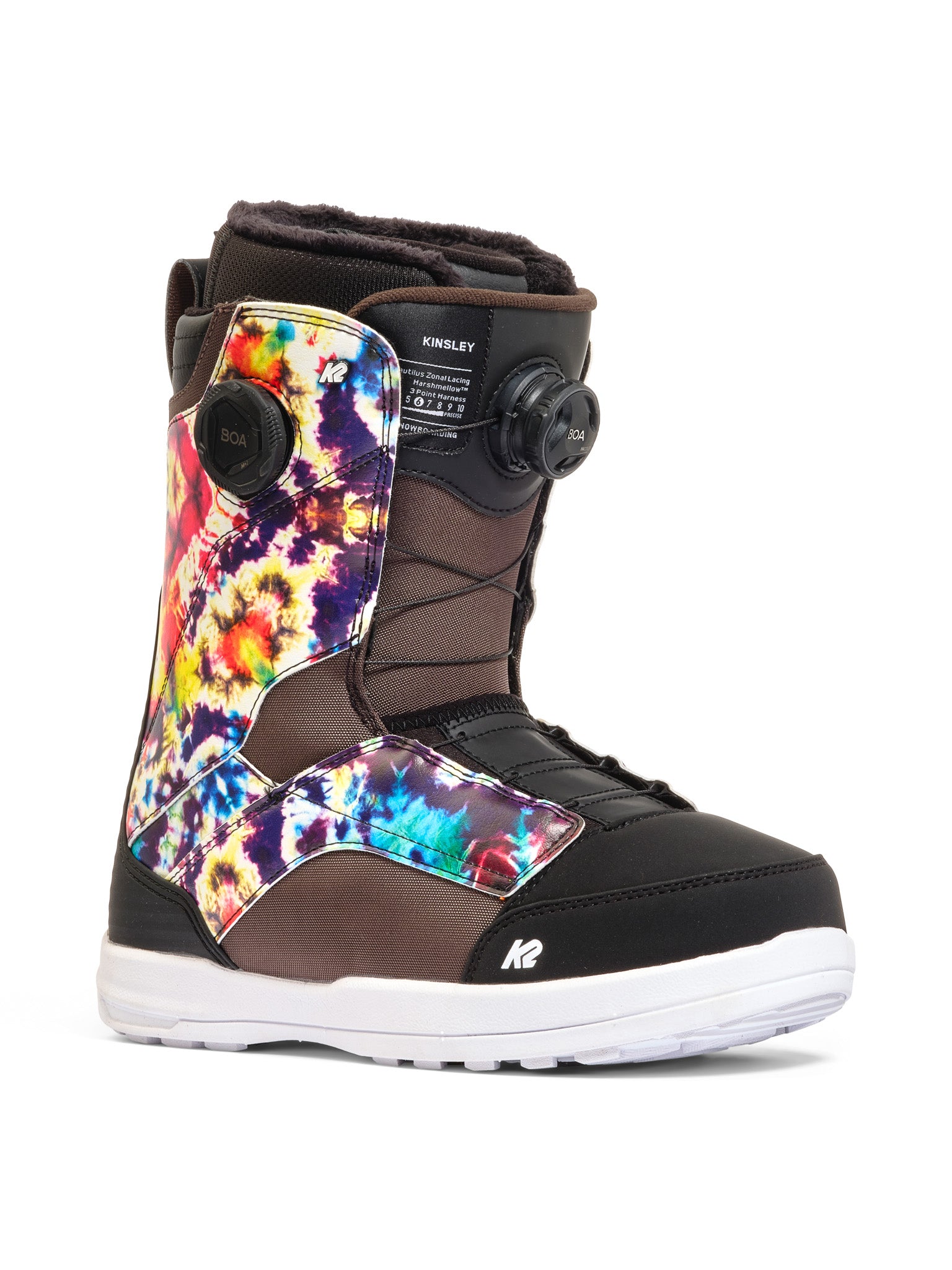 K2 Women's Kinsley snowboard boot features a vibrant, multi-colored floral design and Boa lacing system.