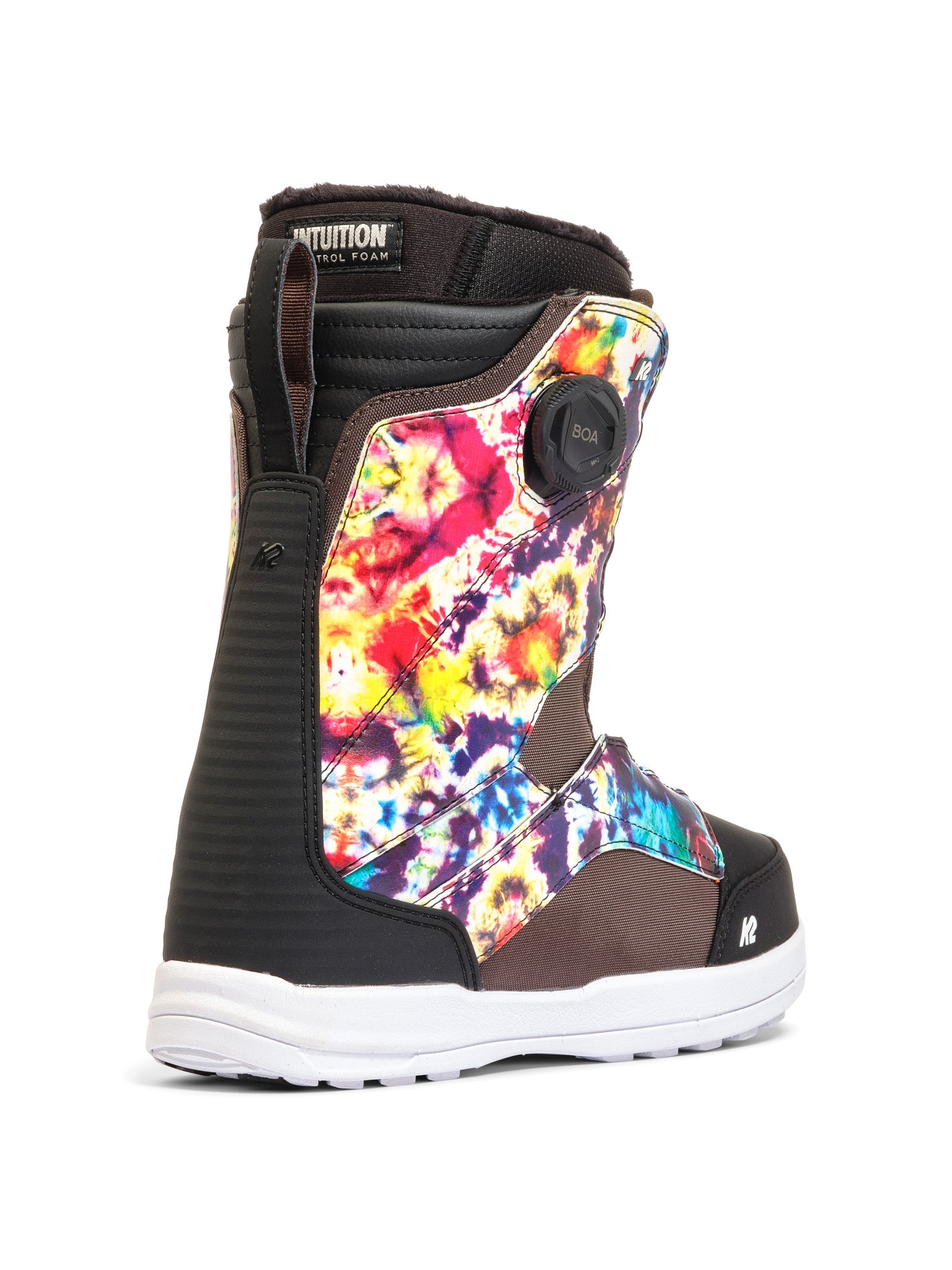 Vibrant K2 Kinsley snowboard boot features a multi-color tie-dye design with BOA lacing.
