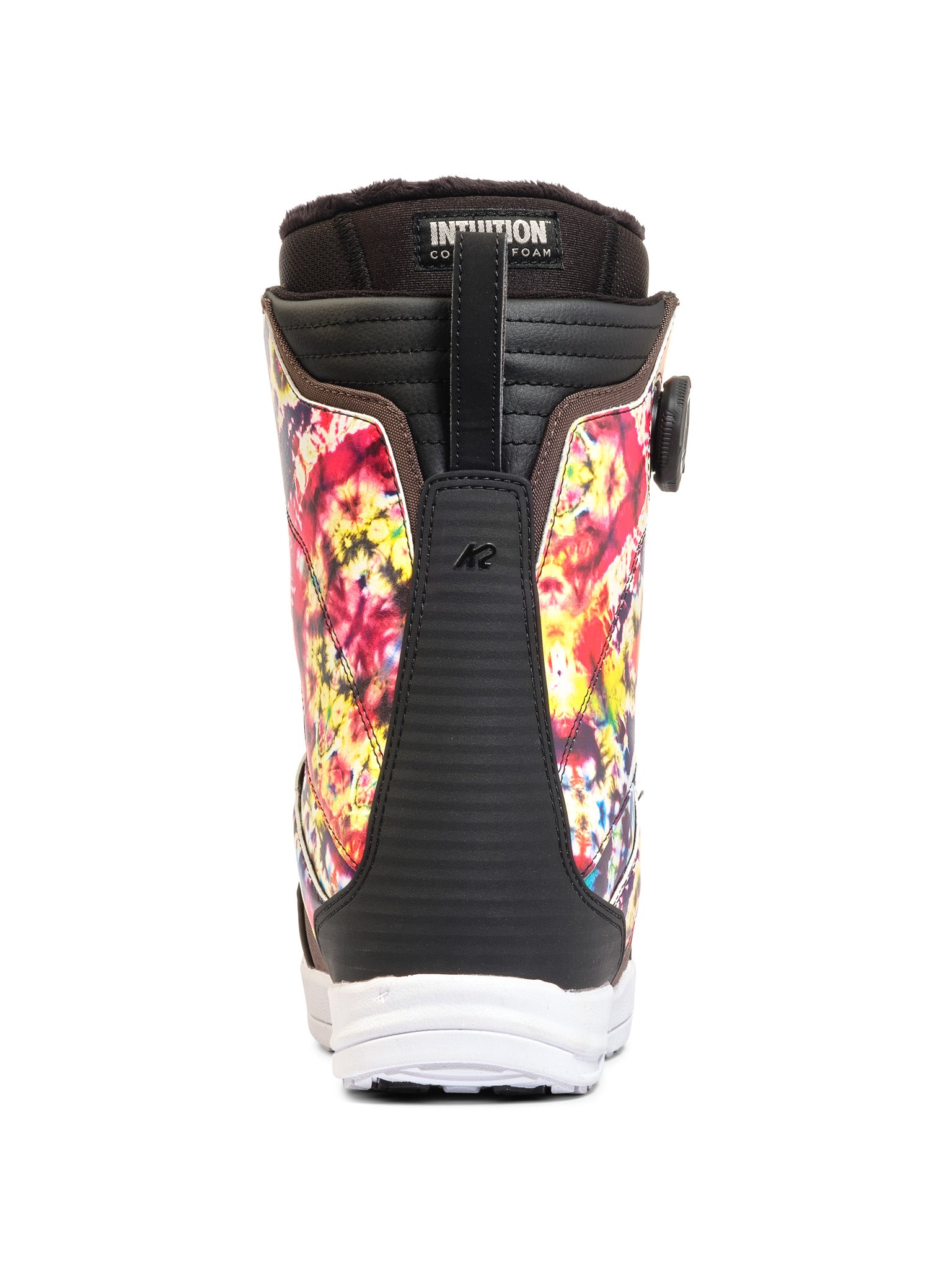 K2 Women's Kinsley snowboard boot features a vibrant, multi-colored floral print with black accents.