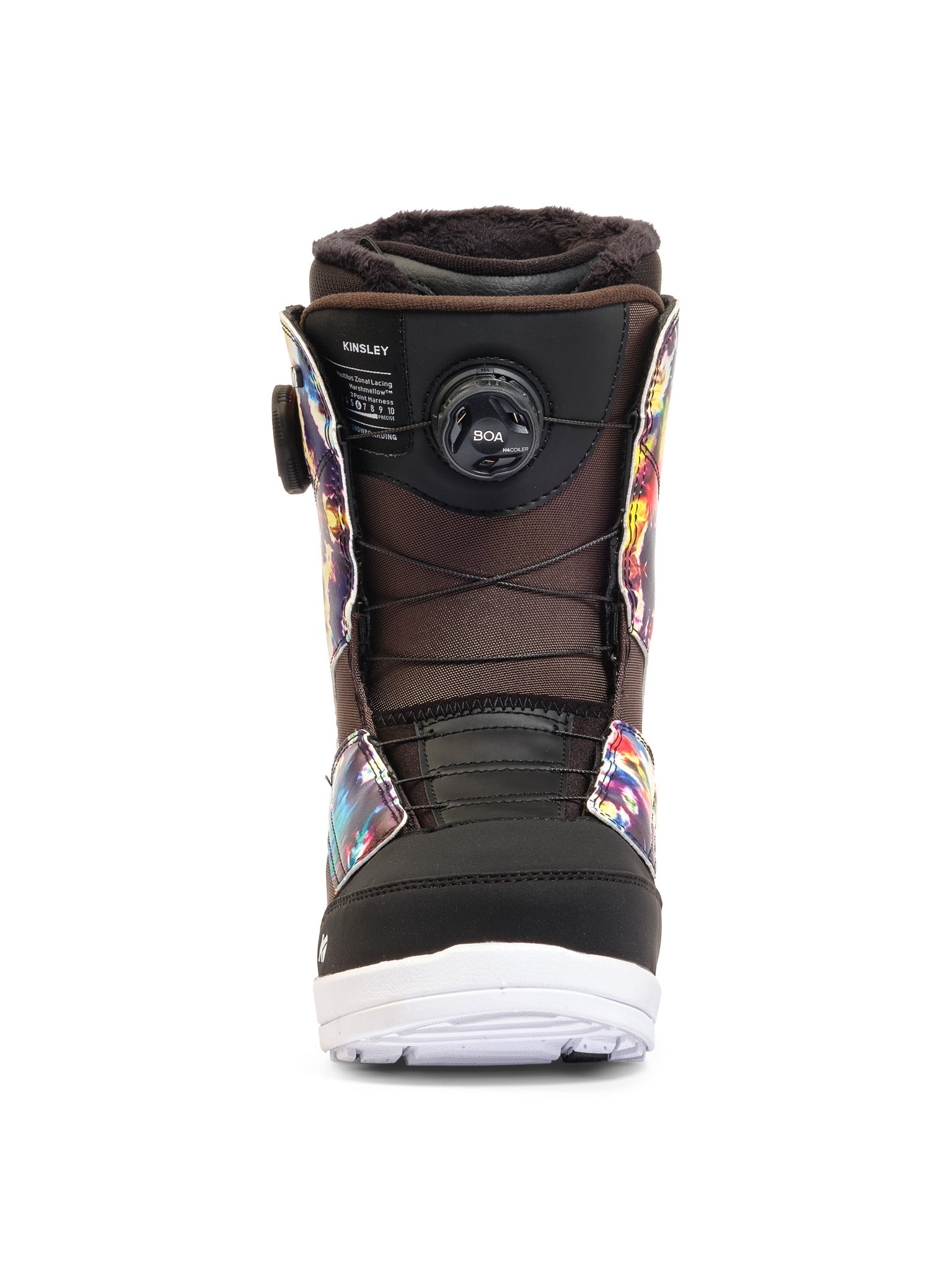 Vibrant, multi-colored K2 Kinsley snowboard boot features a BOA lacing system and black accents.