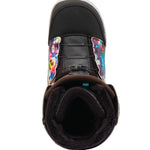 K2 Kinsley 2025 snowboard boot features a vibrant, swirling tie-dye pattern on a black base.
