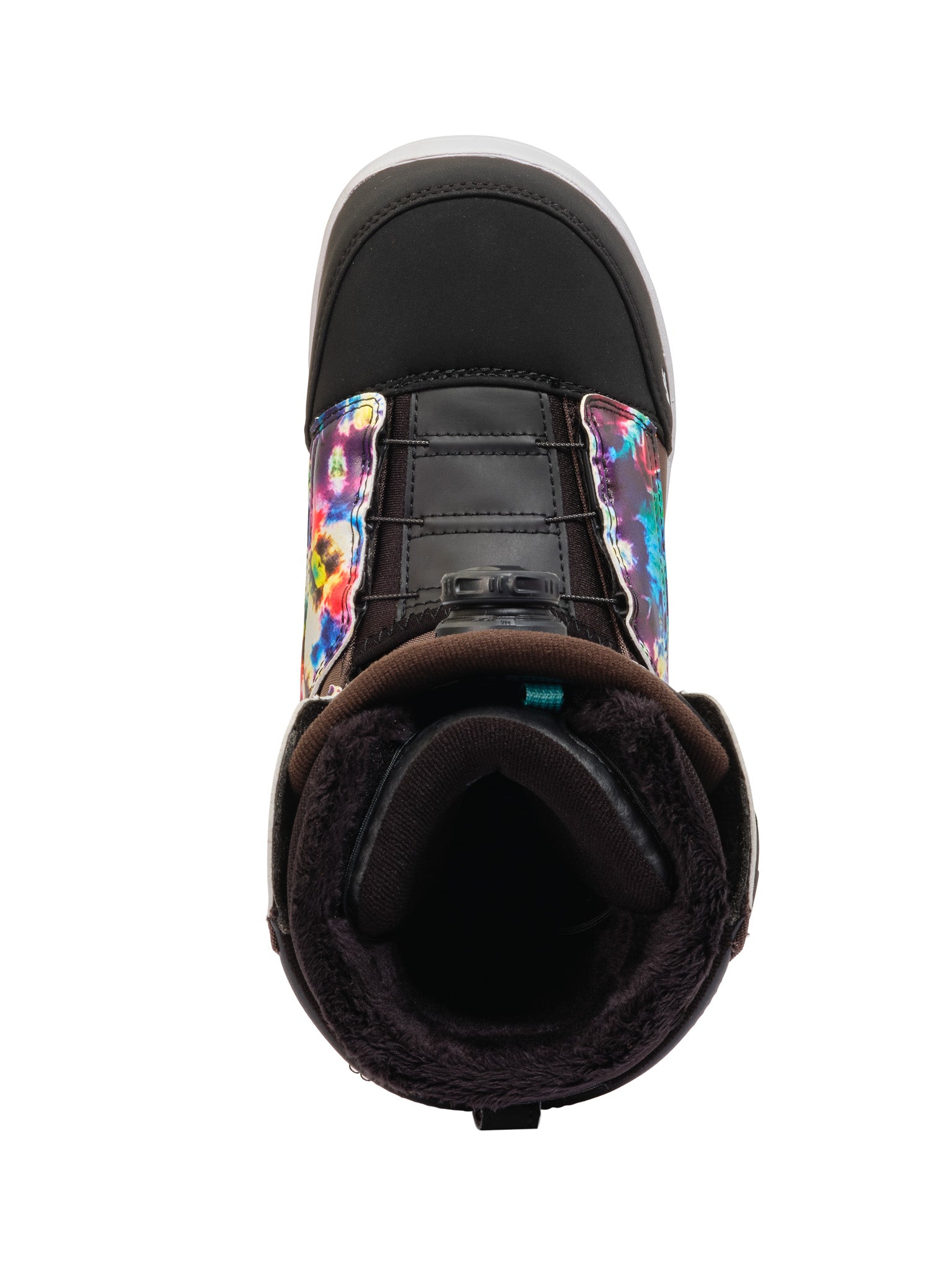 K2 Kinsley 2025 snowboard boot features a vibrant, swirling tie-dye pattern on a black base.