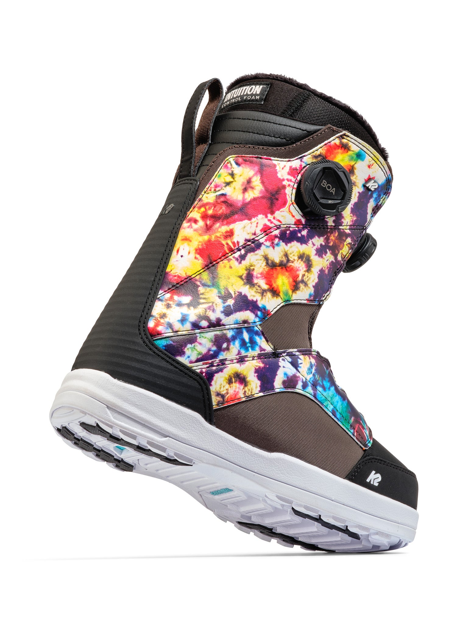 Vibrant, tie-dye K2 Women's Kinsley Snowboard Boot 2025 features a Boa lacing system.