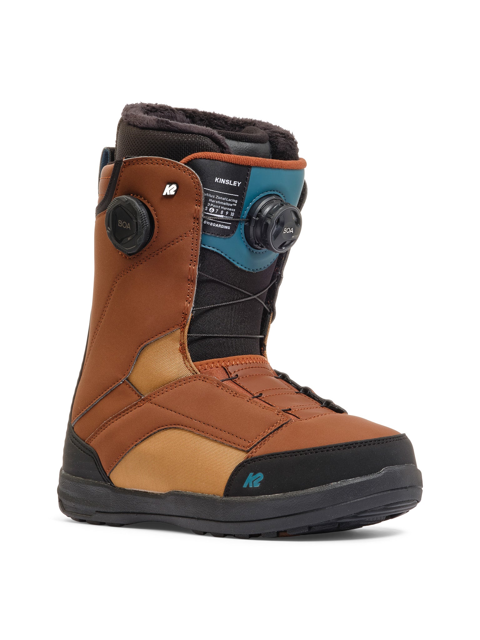 K2 Kinsley snowboard boot features a teal and orange color scheme with BOA lacing system.