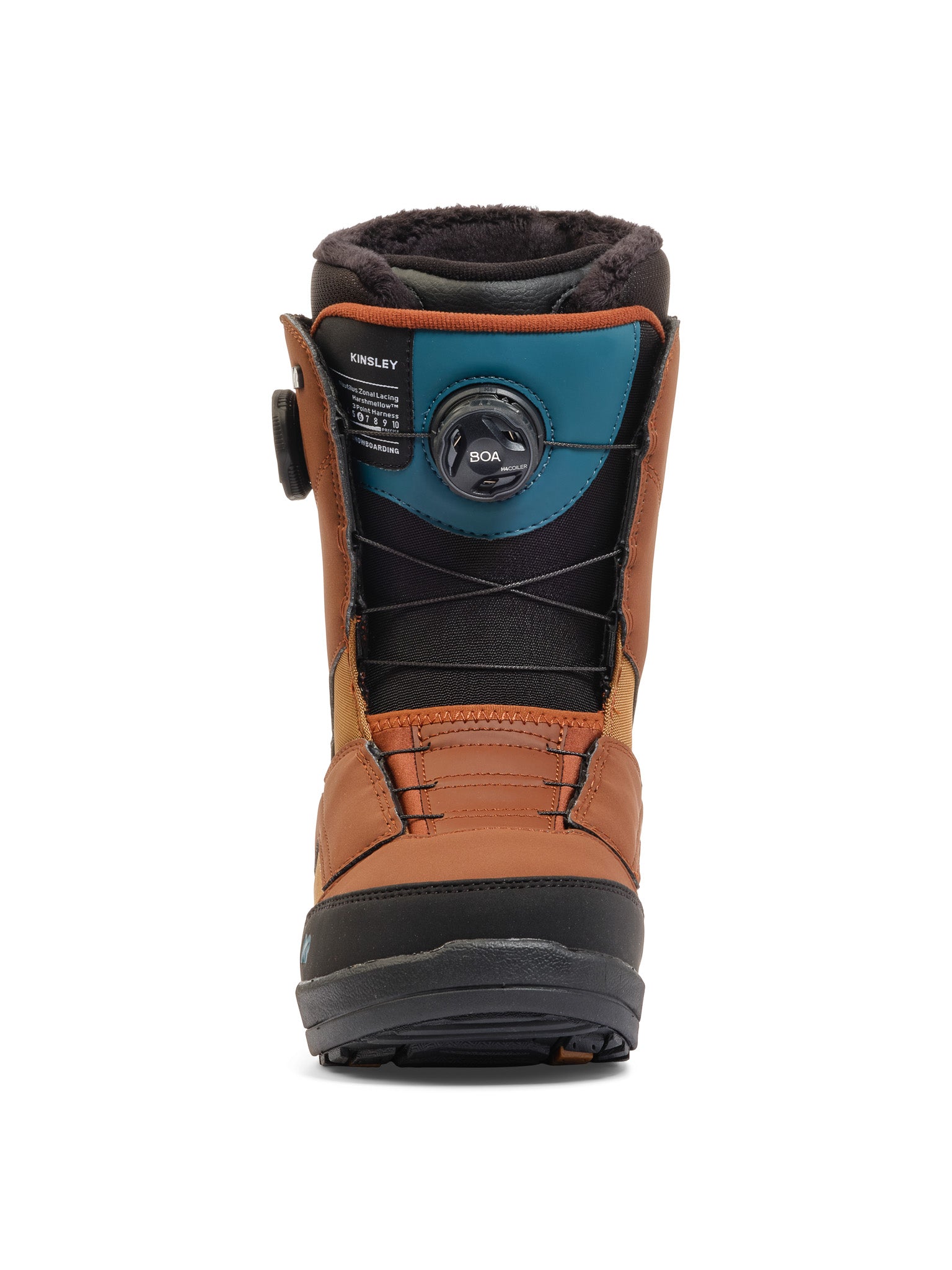 K2 Kinsley snowboard boot features a brown and black colorway with BOA lacing system.