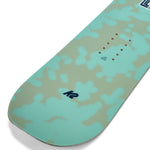 K2 Lil Kat snowboard features a green design with a distinctive pattern and multiple inset screws.
