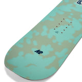 K2 Lil Kat snowboard features a green design with a distinctive pattern and multiple inset screws.