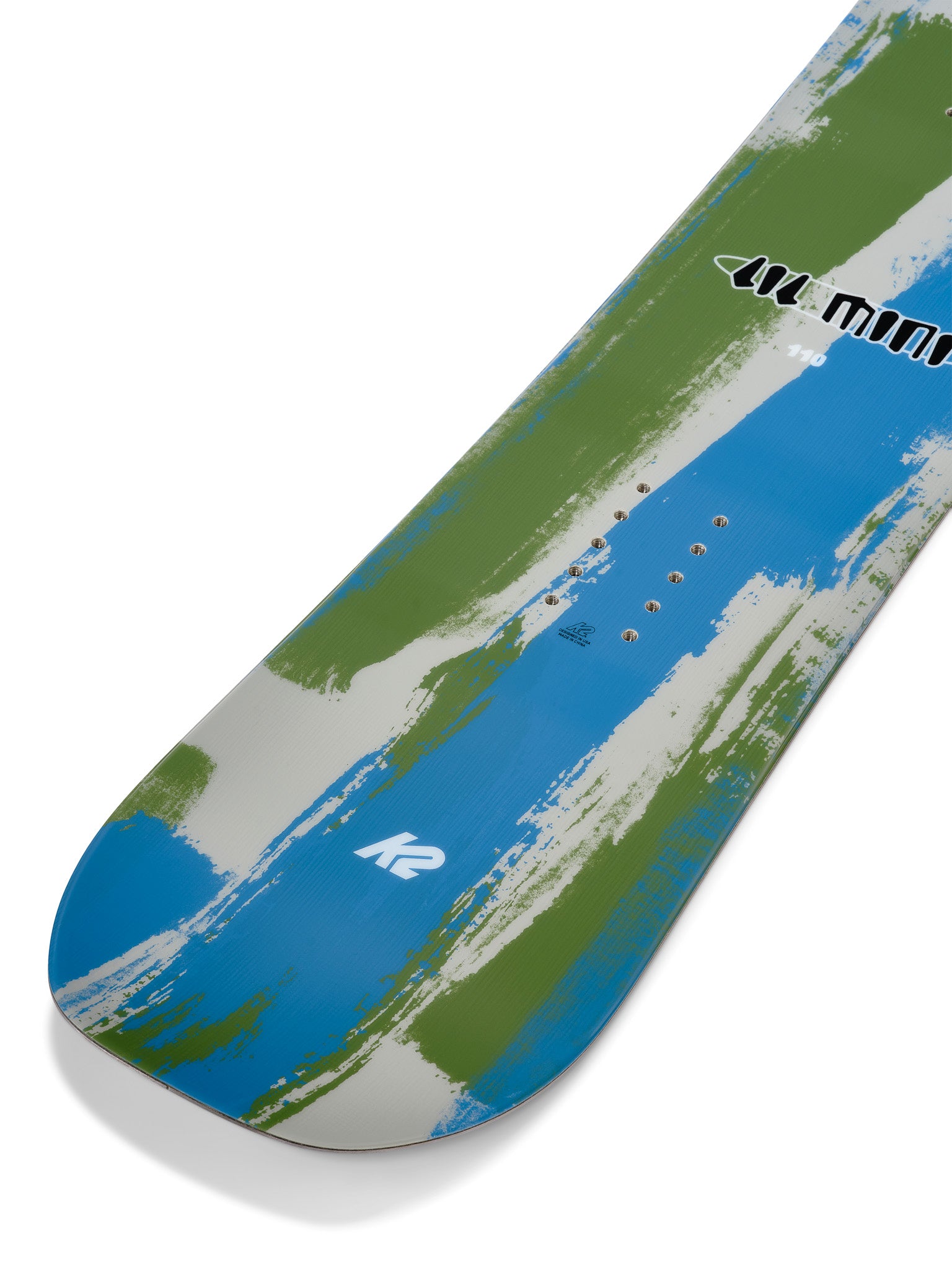K2 Lil Mini snowboard features a vibrant green and blue design.