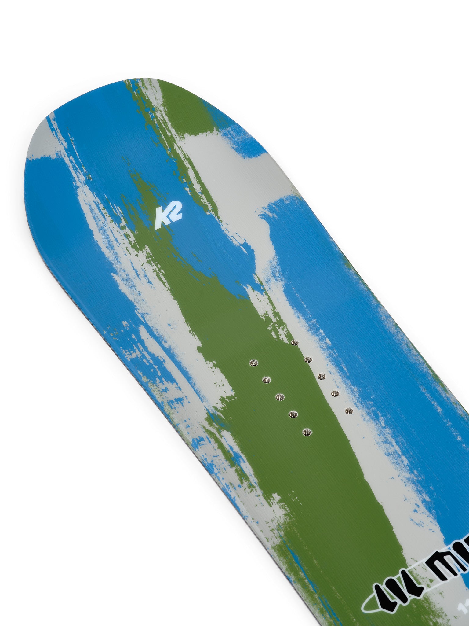 K2 Lil Mini 2025 snowboard features a vibrant blue and green design.