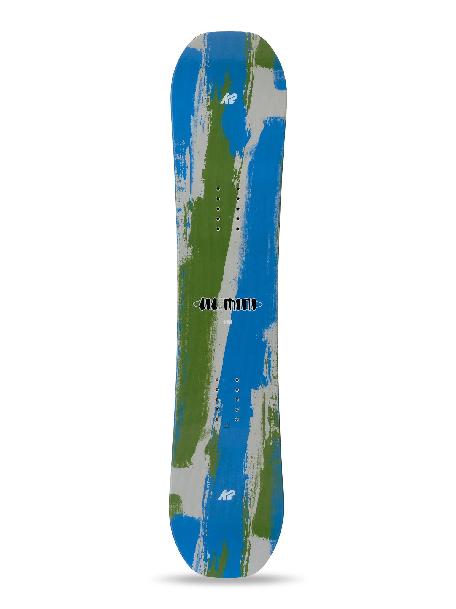 K2 Lil Mini snowboard features a green and white graphic design.