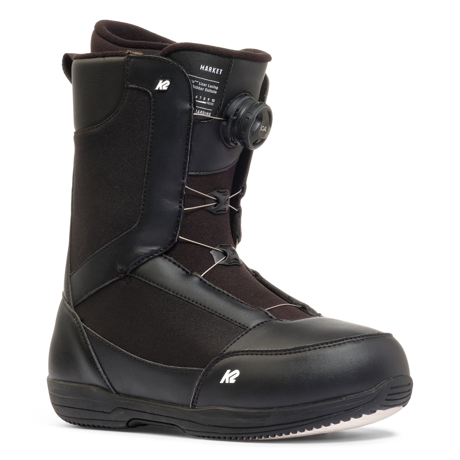 Black K2 Market snowboard boot features a black exterior and a BOA lacing system.