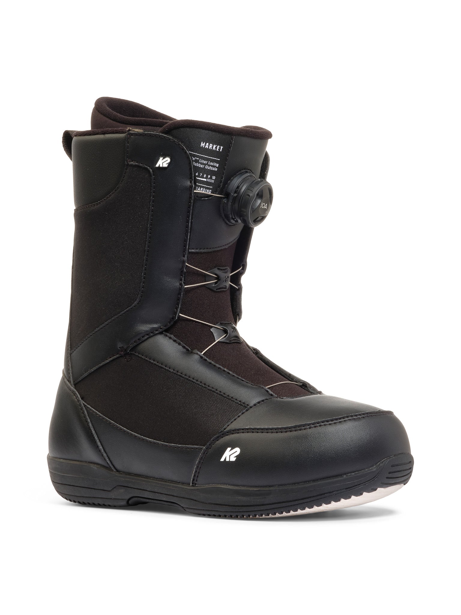 Black K2 Market snowboard boot features a black exterior and a BOA lacing system.