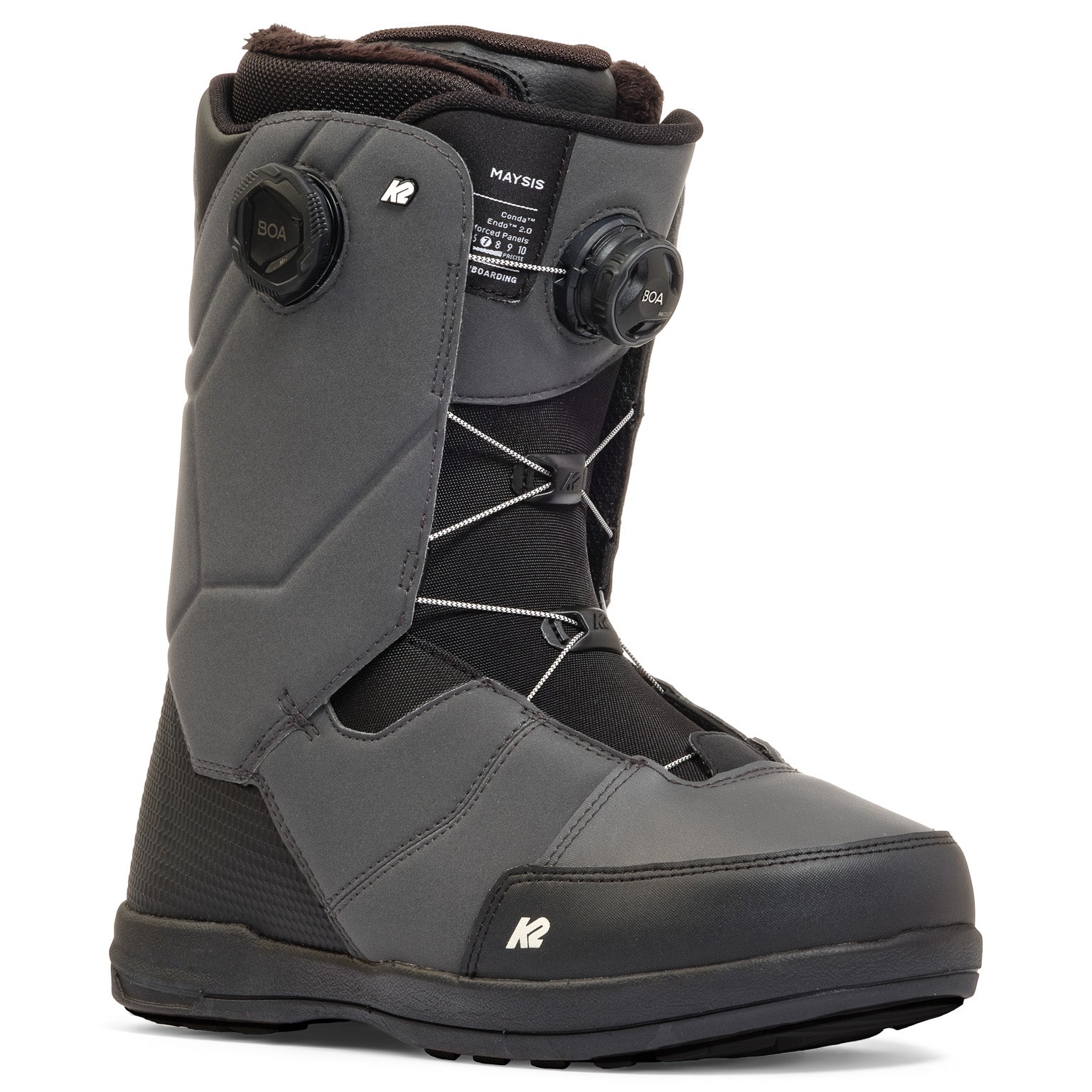 Black K2 Maysis snowboard boots feature a BOA lacing system and streamlined design.