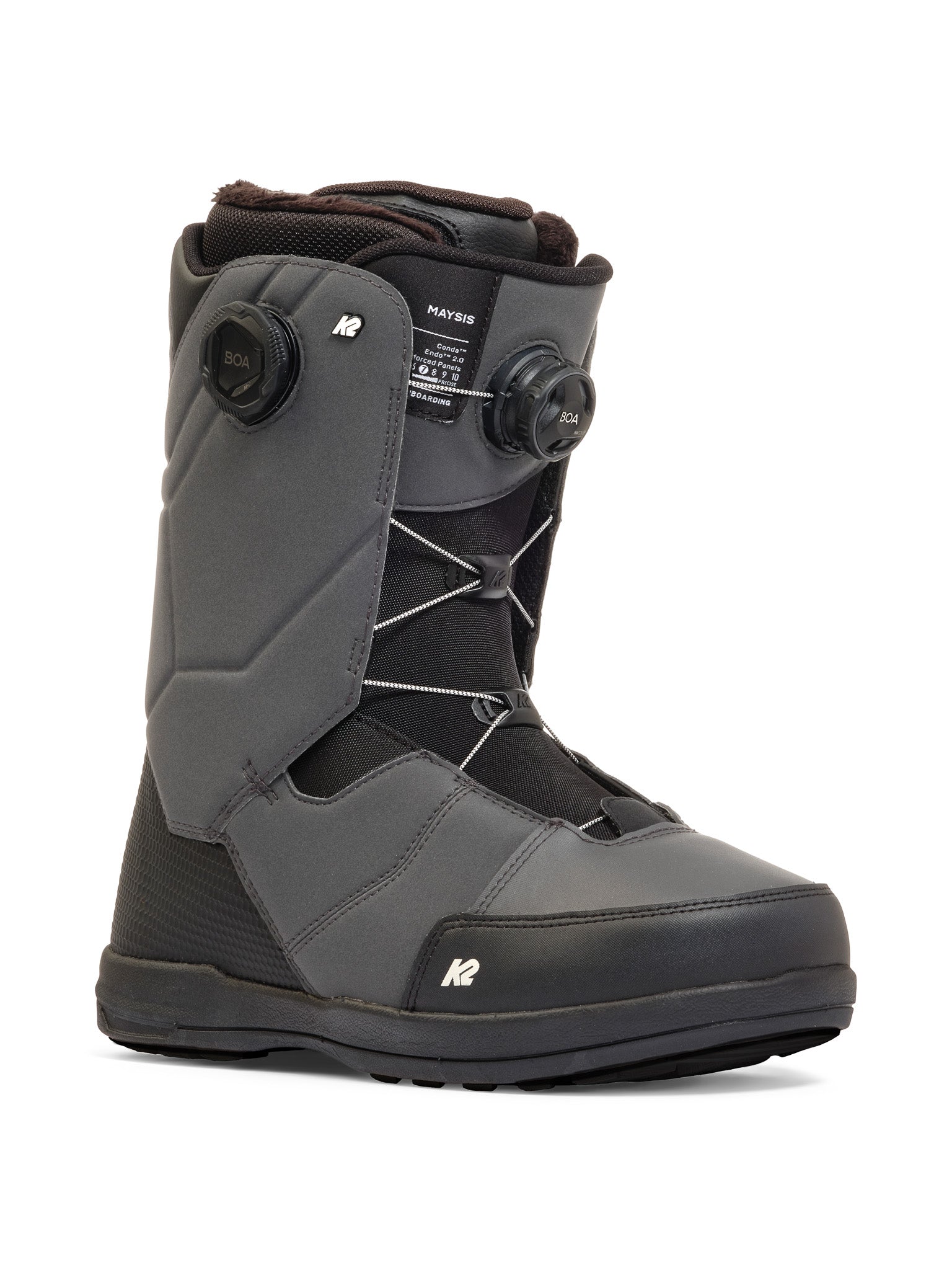 Black K2 Maysis snowboard boots feature a BOA lacing system and streamlined design.
