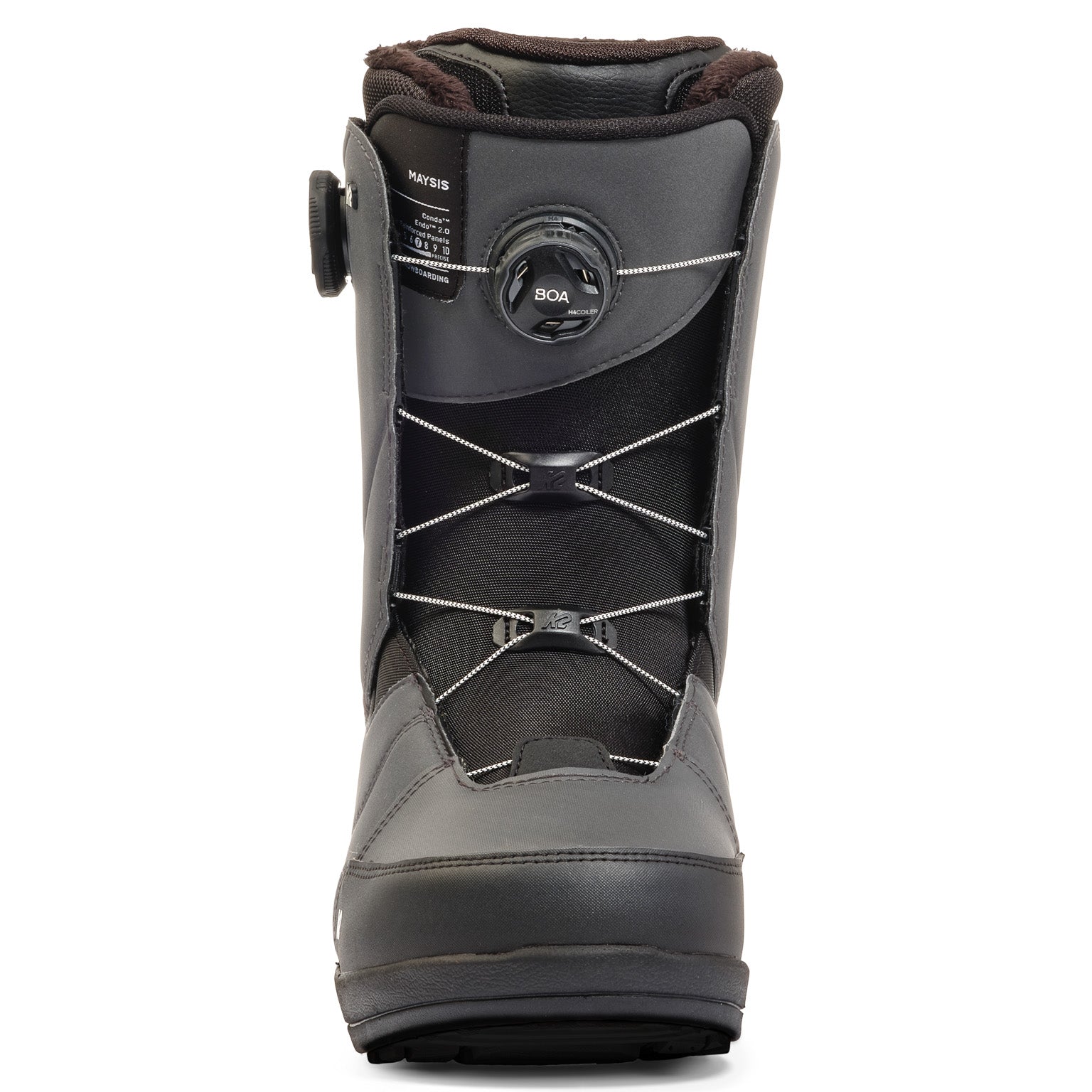 Black K2 Maysis snowboard boots feature a BOA lacing system and a streamlined design.